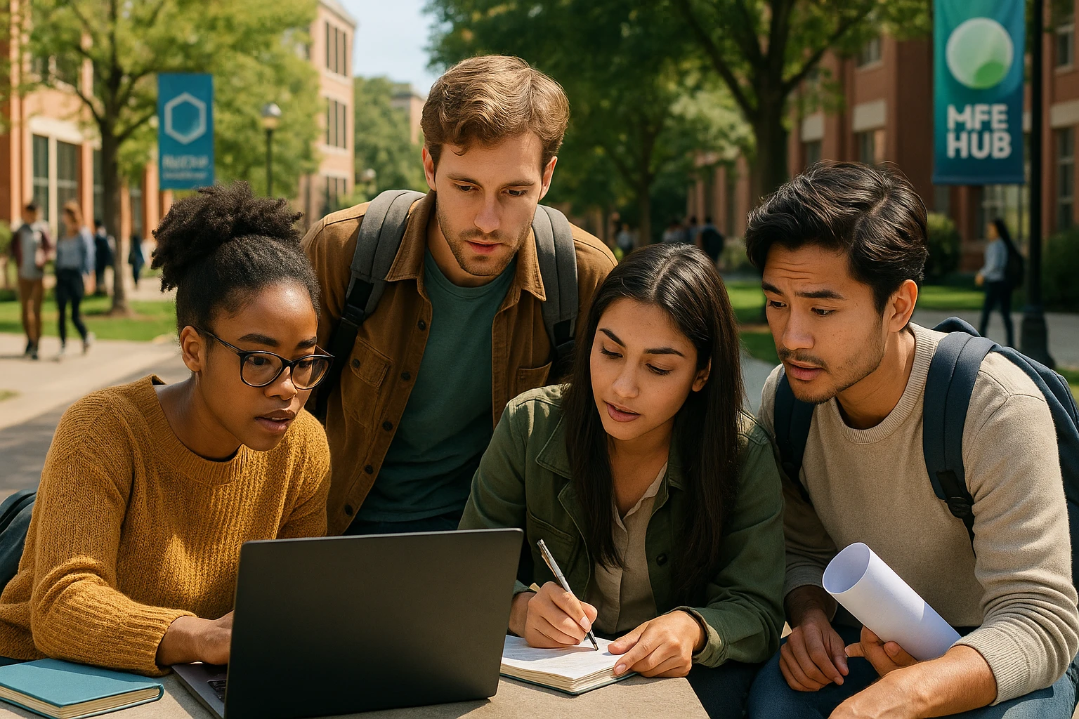 A bustling college campus where a group of students are actively working on solutions for simulated real-world challenges, with posters of Electus Education and Life Hub prominently displayed in the background.