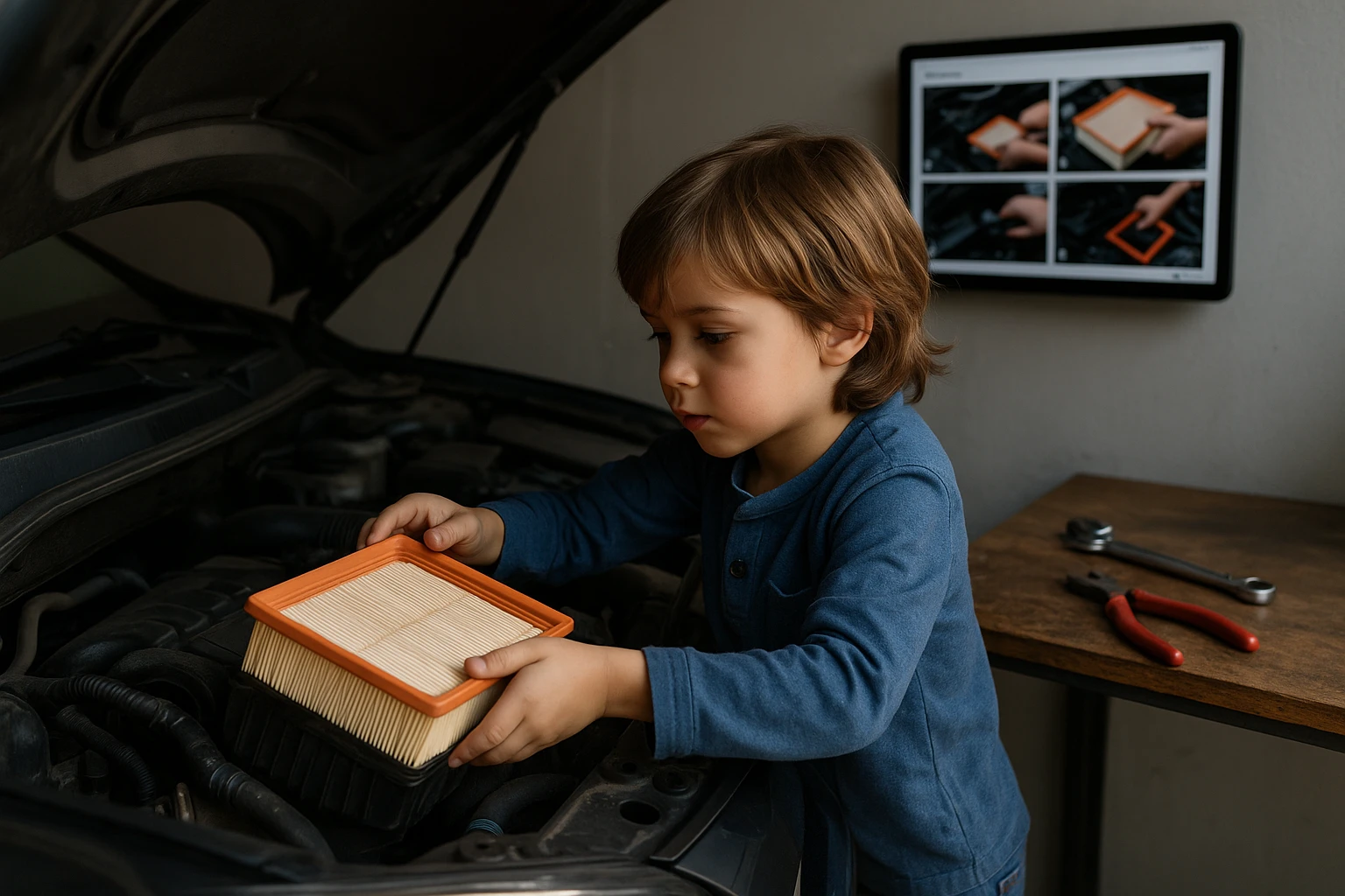 A young child is in a garage, attentively replacing a car's air filter. Tools like a wrench and pliers are scattered on a nearby workbench. A tablet mounted on the wall displays step-by-step repair instructions, with the Life Hub logo in the corner.
