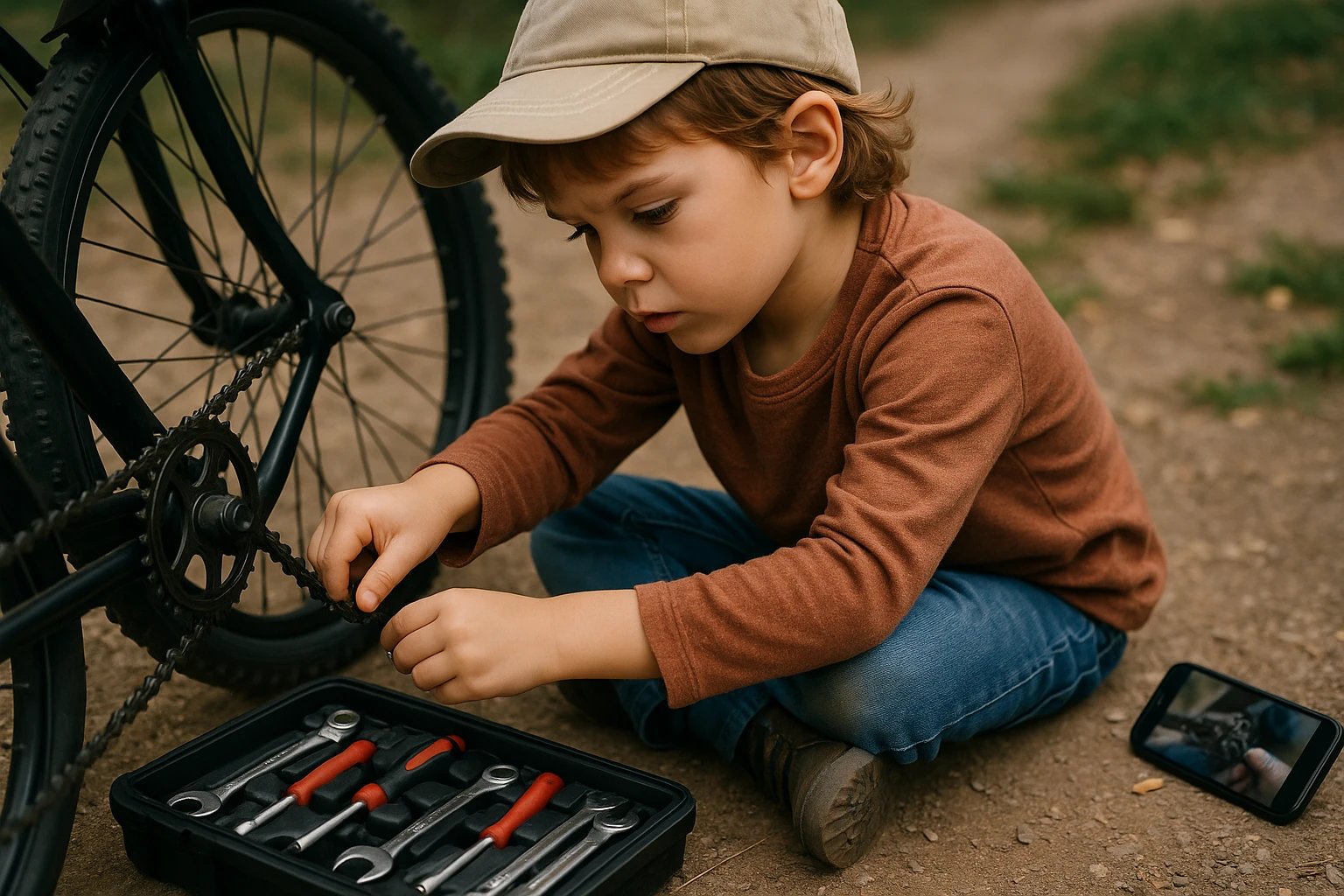 A young child is outdoors, intently focused on fixing a bicycle with a slipped chain. Nearby, a toolbox is open, displaying various tools like wrenches and screwdrivers, while a smartphone beside the child shows an instructional video.