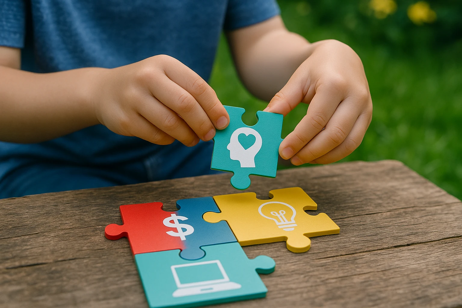 A close-up of a child’s hands assembling a colorful puzzle in a garden, each piece representing different icons of learning topics such as finance, technology, and emotional intelligence, symbolizing the integration of knowledge through Life Shot’s innovative approach.