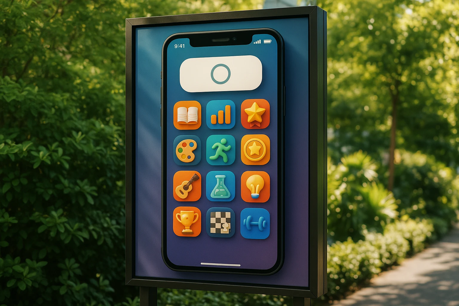 A sleek, branded Life Hub® smartphone app interface displayed on a vibrant outdoor advertisement billboard, surrounded by lush greenery, showcasing animated icons representing various skills and rewards, symbolizing dynamic learning engagement beyond the digital screen.