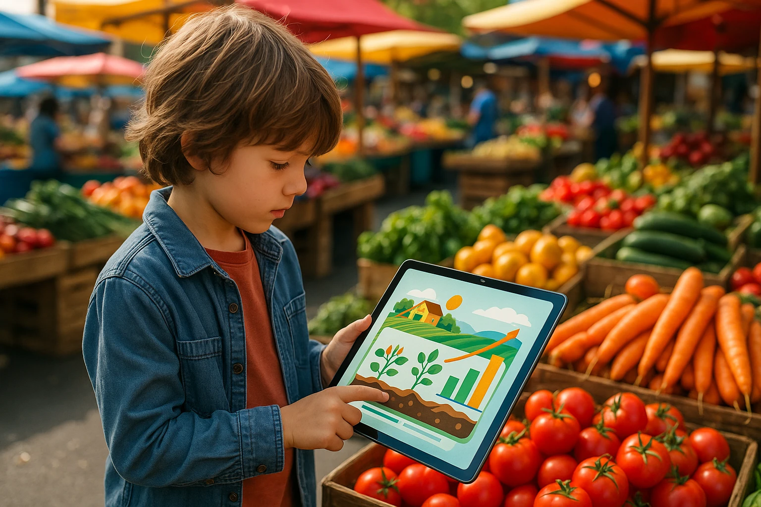 A bright, colorful outdoor market scene where a child is examining a fresh produce stand, holding an app-enabled tablet that displays interactive educational content about 