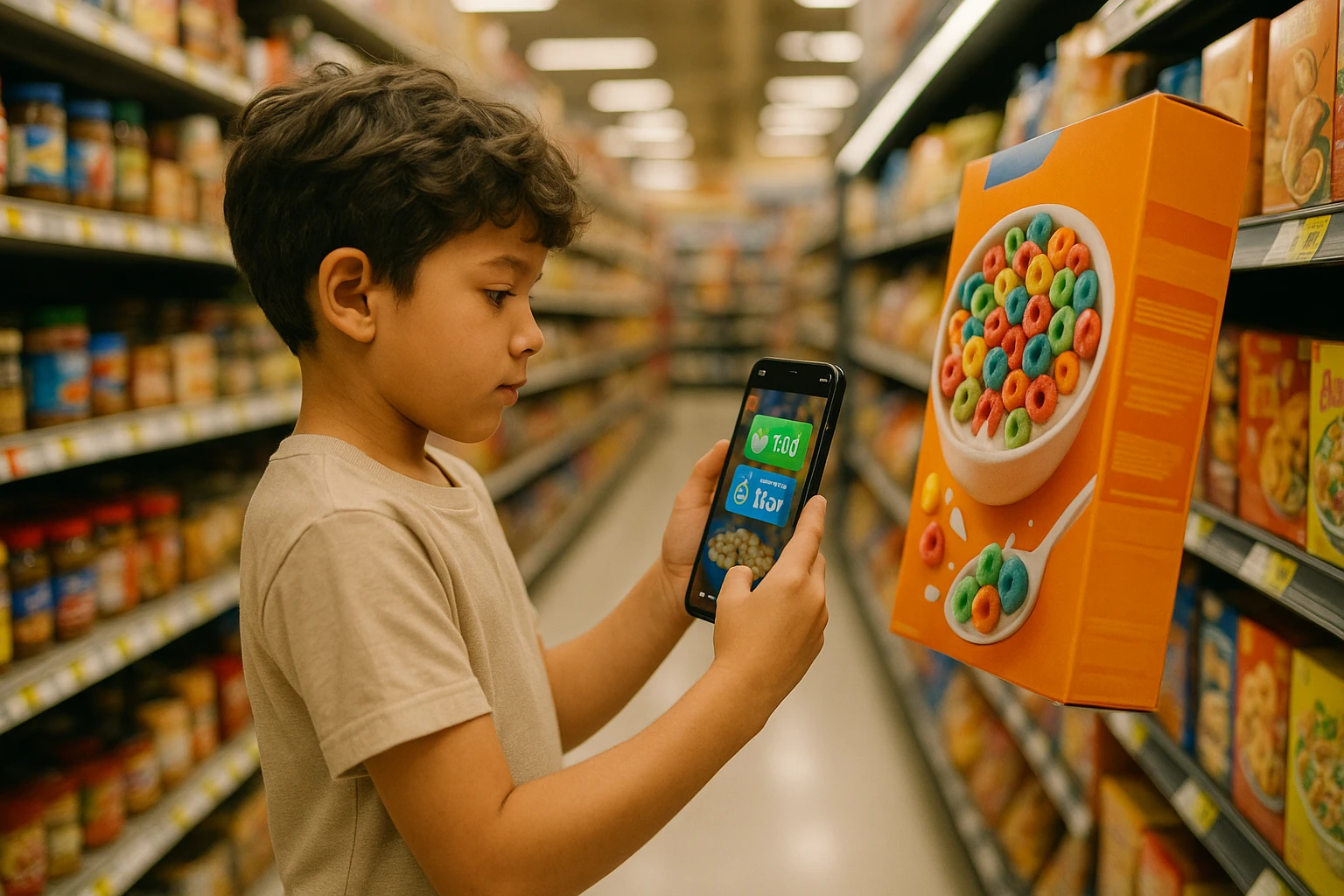 A child stands in a bustling grocery store aisle holding a smartphone, capturing an image of a colorful cereal box for a Life Shop™ task, while nearby shelves display various food items and educational facts pop up on the device screen.
