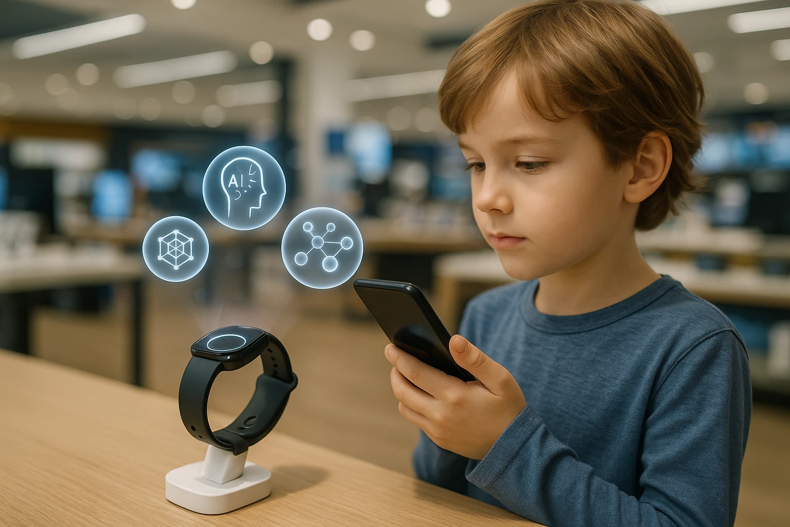 In an electronics store, a child uses a smartphone to scan a smartwatch on display, with digital bubbles showcasing AI analysis and contextual facts about materials science floating above the watch.
