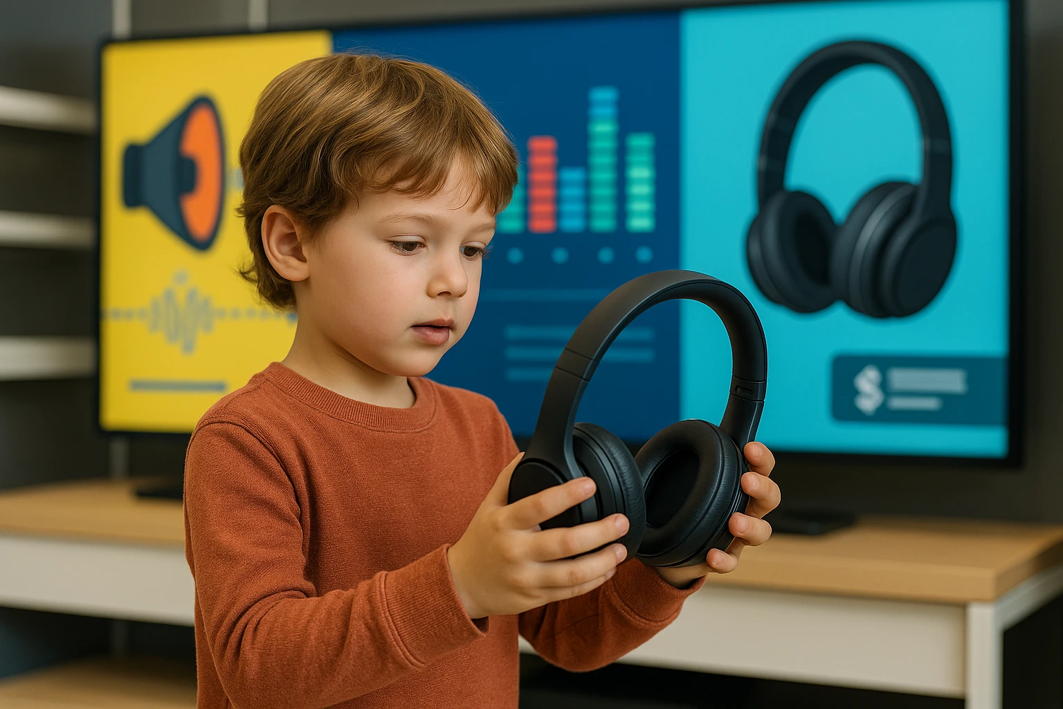 A child holds a pair of wireless headphones in an electronics store, with a vibrant educational display screen in the background illustrating audio engineering concepts and retail pricing details.