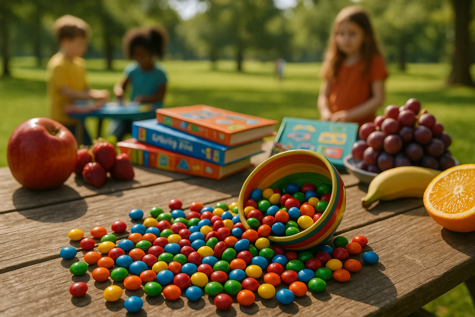 A vibrant array of M&M candies spilling from a multicolored bowl on a wooden picnic table, surrounded by a colorful spread of fruits, books, and activity kits, set in a sunlit park with children playing and learning in the background.