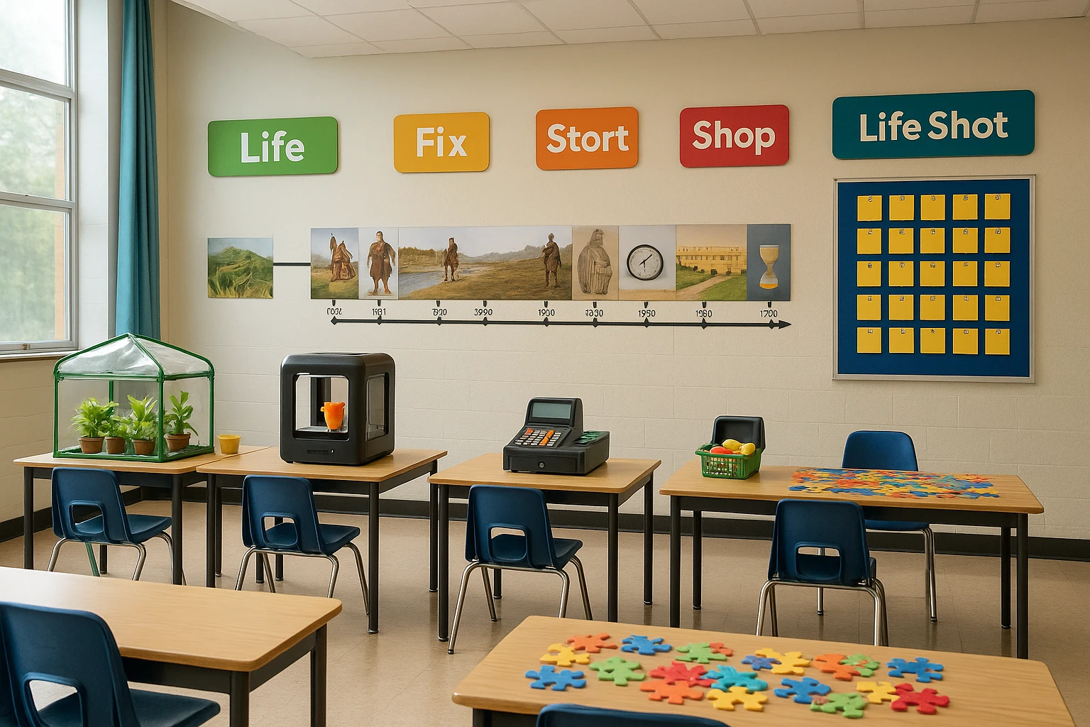 A dynamic classroom setting with six distinct activity stations: a mini greenhouse with plants for Life Food, a 3D printer for Life Fix, a history timeline wall for Life Spark, a cash register setup for Life Shop, a puzzle area for Life Solve, and a rapid recall quiz board for Life Shot, each brightly labeled, inviting exploration and learning.