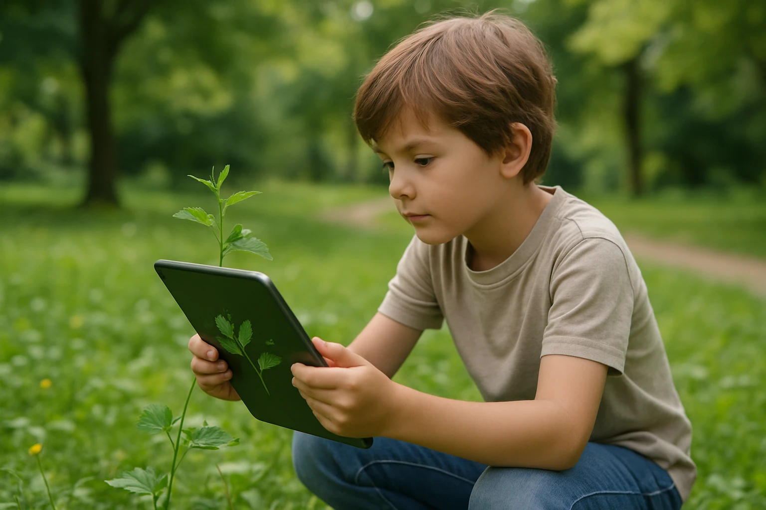 A child outdoors identifying plants with a tablet, using AI for species recognition, surrounded by nature in a park setting.