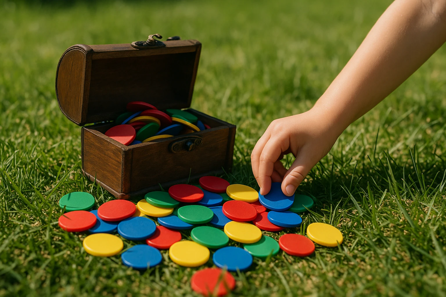 Colorful tokens spilling out of a small treasure chest on a grassy field, with a child’s hand reaching to collect them, symbolizing instant rewards from interactive learning activities outdoors.