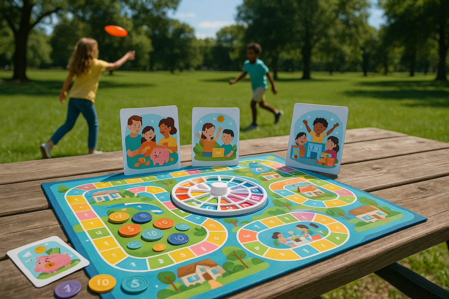 A sunny park scene with children playing frisbee in the background, a picnic table in the forefront showcasing a colorful board game themed around Life Hub's educational features and family activities, with illustrated cards and tokens representing financial literacy and rewards.