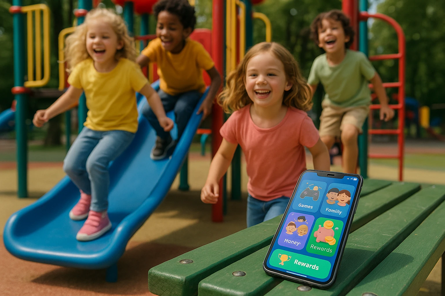 A colorful playground scene featuring kids playing joyfully, with a smartphone on a nearby bench displaying the Life Hub app interface, emphasizing games, family activities, and financial literacy rewards.