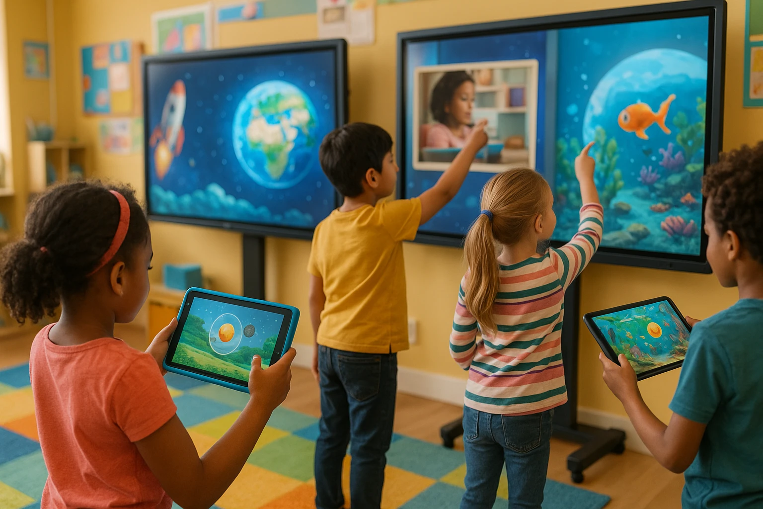 A colorful classroom setting where interactive, large touchscreen boards display various educational content like videos and animations. Children of diverse backgrounds are actively engaging with the boards, while handheld devices offer parallel experiences with augmented reality elements, fostering an inclusive and dynamic learning environment.