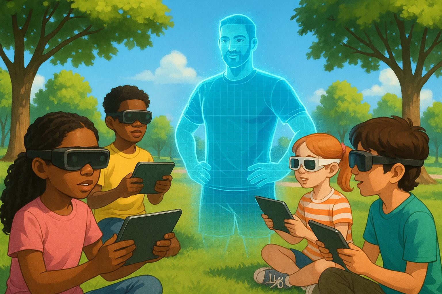 An animated scene outdoors shows a vibrant park with a diverse group of children actively using tablets and AR glasses engaging with a virtual AI coach displayed in 3D holographic form, surrounded by trees and a bright blue sky.