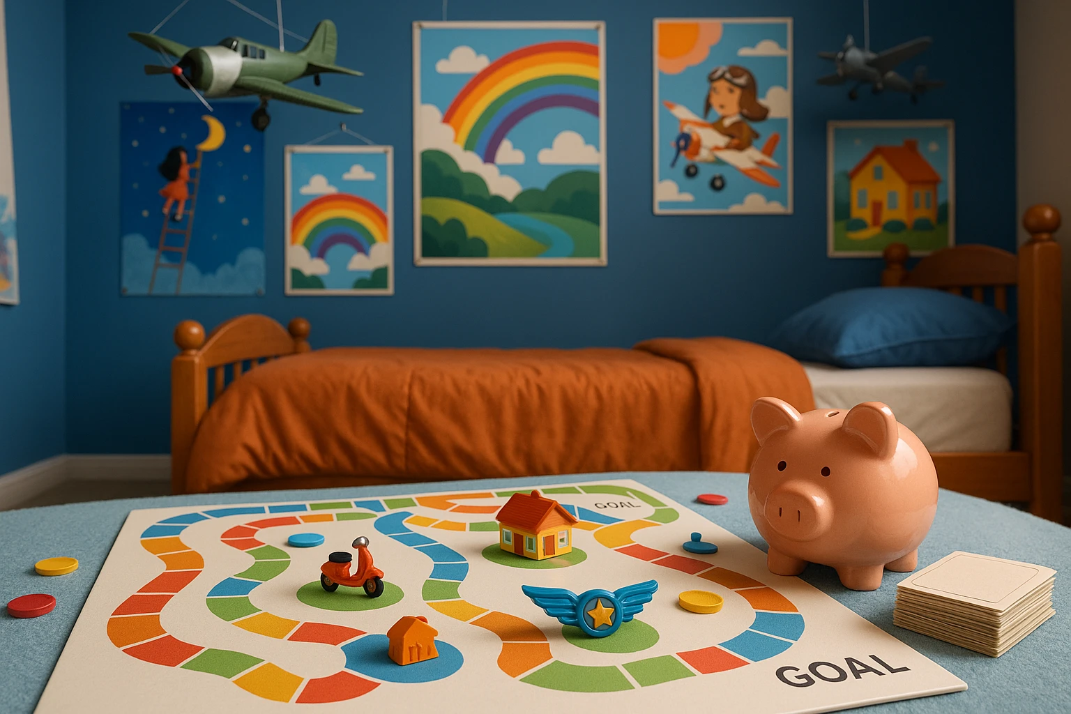 A child's colorful bedroom filled with vibrant posters and model airplanes hangs on the wall. A physical board game titled 
