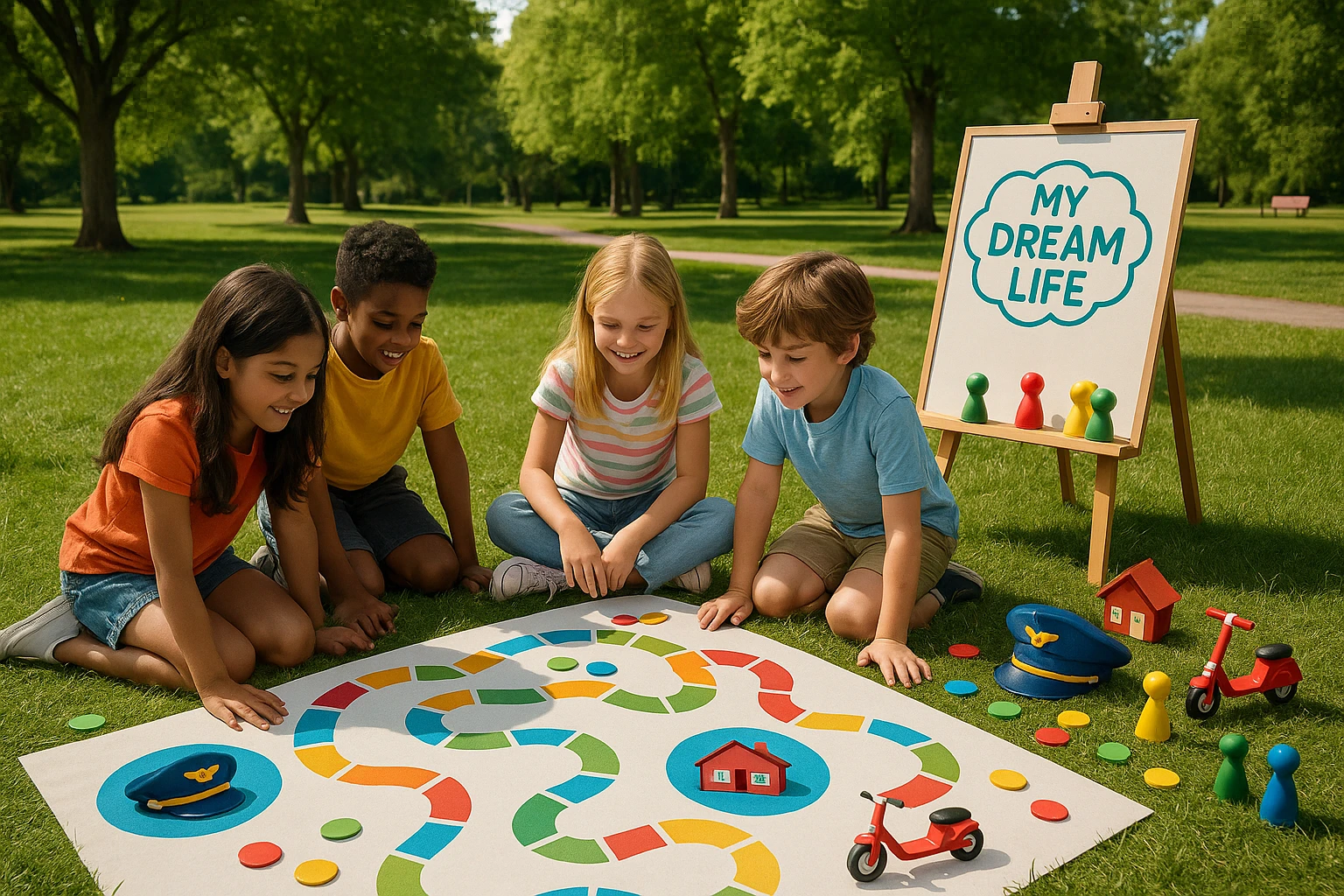 A vibrant outdoor park scene with children gathered around a large interactive map laid out on the grass, featuring colorful pathways and goal markers, depicting future dreams like a pilot's hat, a scooter, and a small house. A nearby info board displays the 