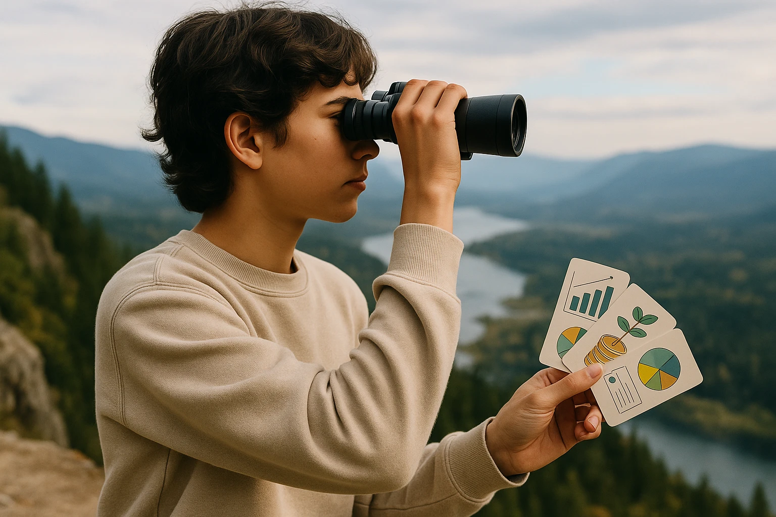 A young person holding a pair of binoculars while standing at the edge of a scenic overlook; in their other hand, they grip a small stack of financial educational cards from Life Hub, symbolizing the exploration and vision needed for strategic financial growth.