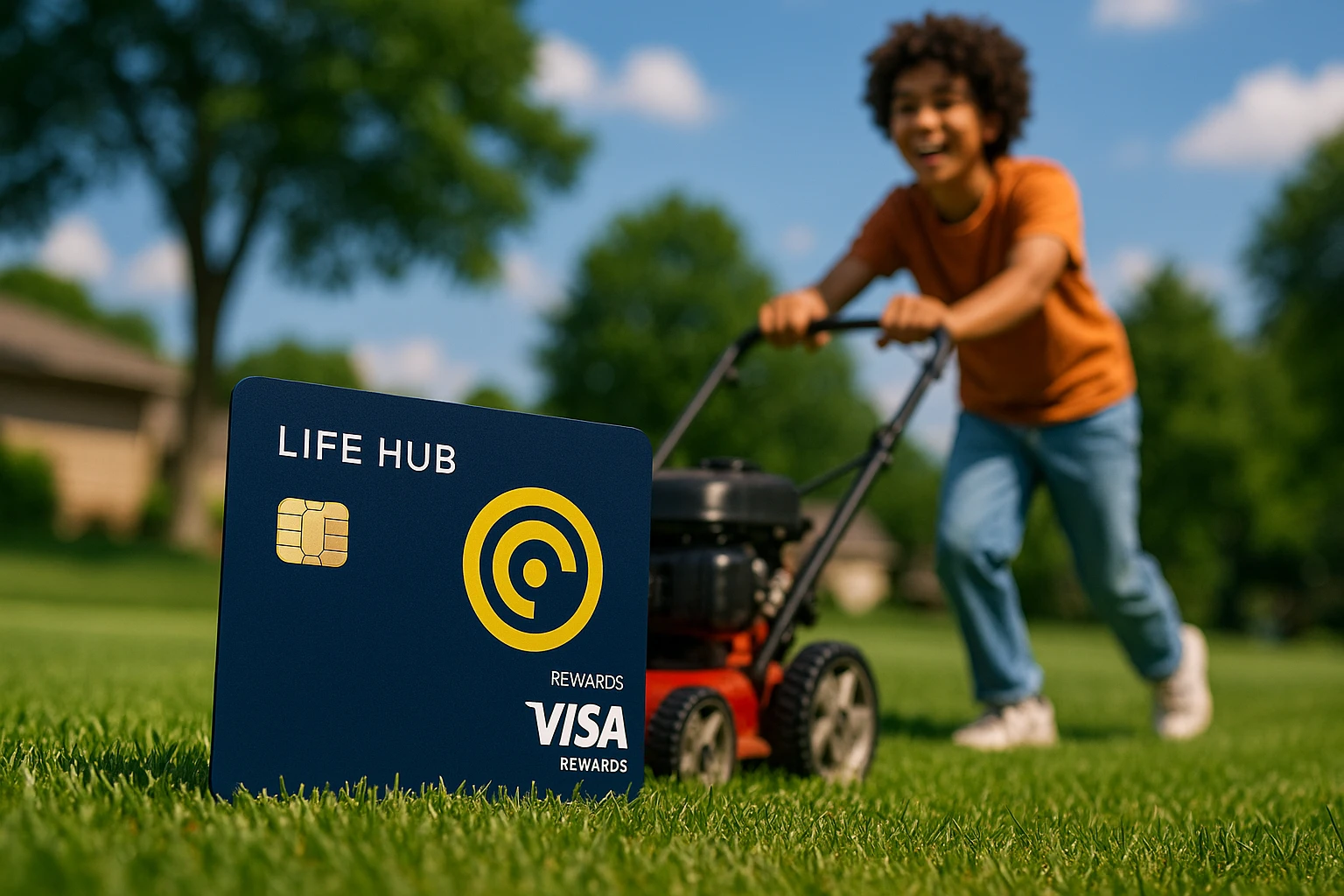 A vibrant outdoor scene of a young person enthusiastically mowing a lawn; in the foreground, a Life Hub Visa® Rewards Card is visible, symbolizing the tangible rewards of their hard work in the 