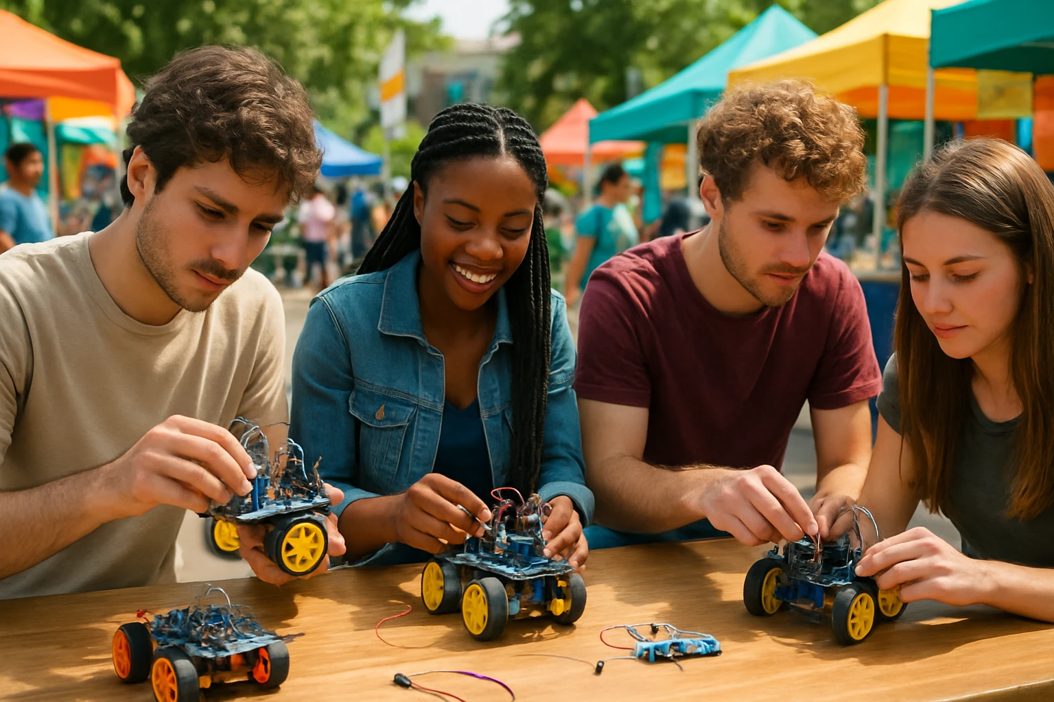 A group of young people engaging in a hands-on workshop, assembling and testing small robotic kits in an open-air community science fair, with colorful stalls and banners promoting local innovation in the background.