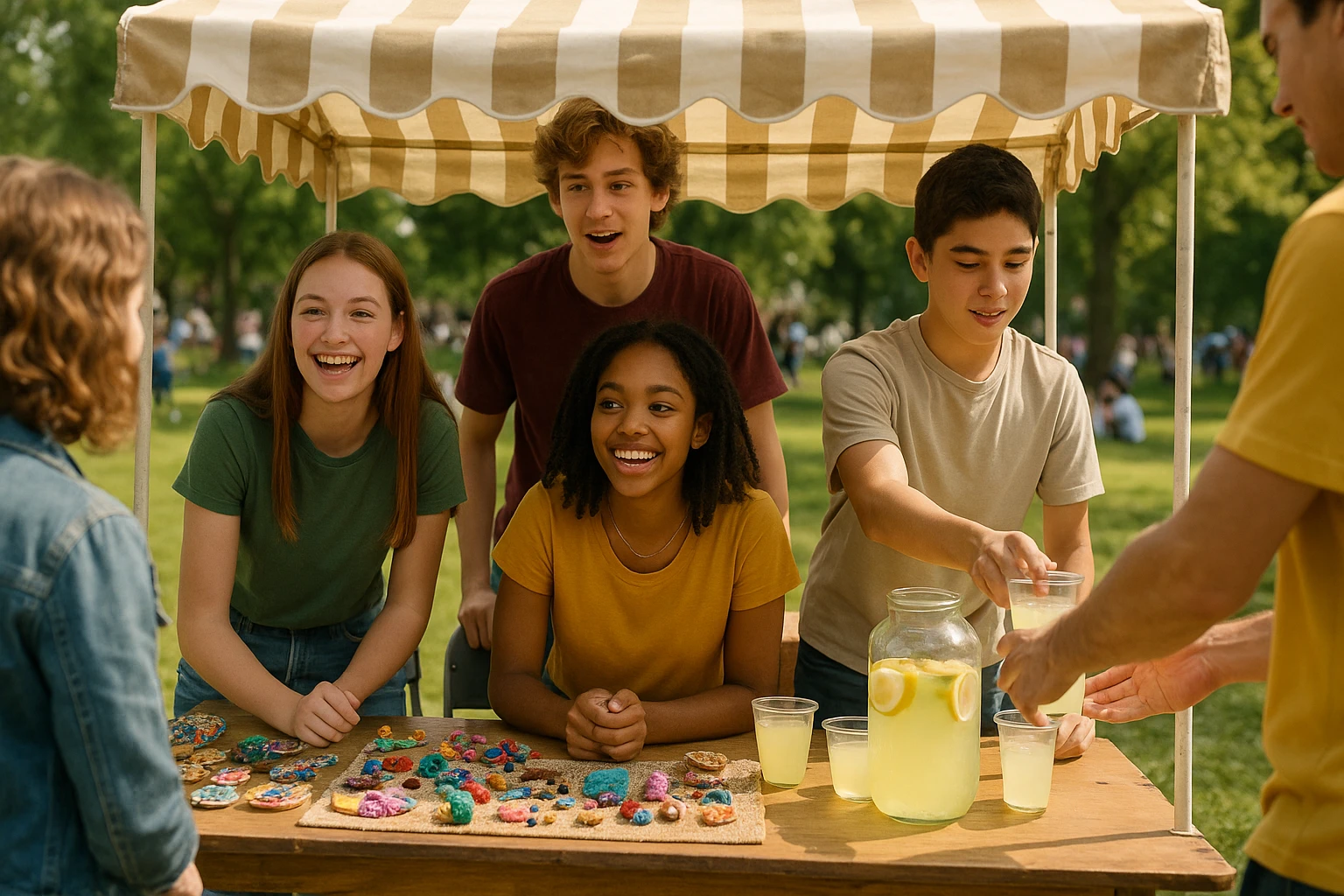 A group of teenagers setting up a small outdoor market stall, selling handmade crafts and lemonade, as they enthusiastically engage with customers in a bustling community park.