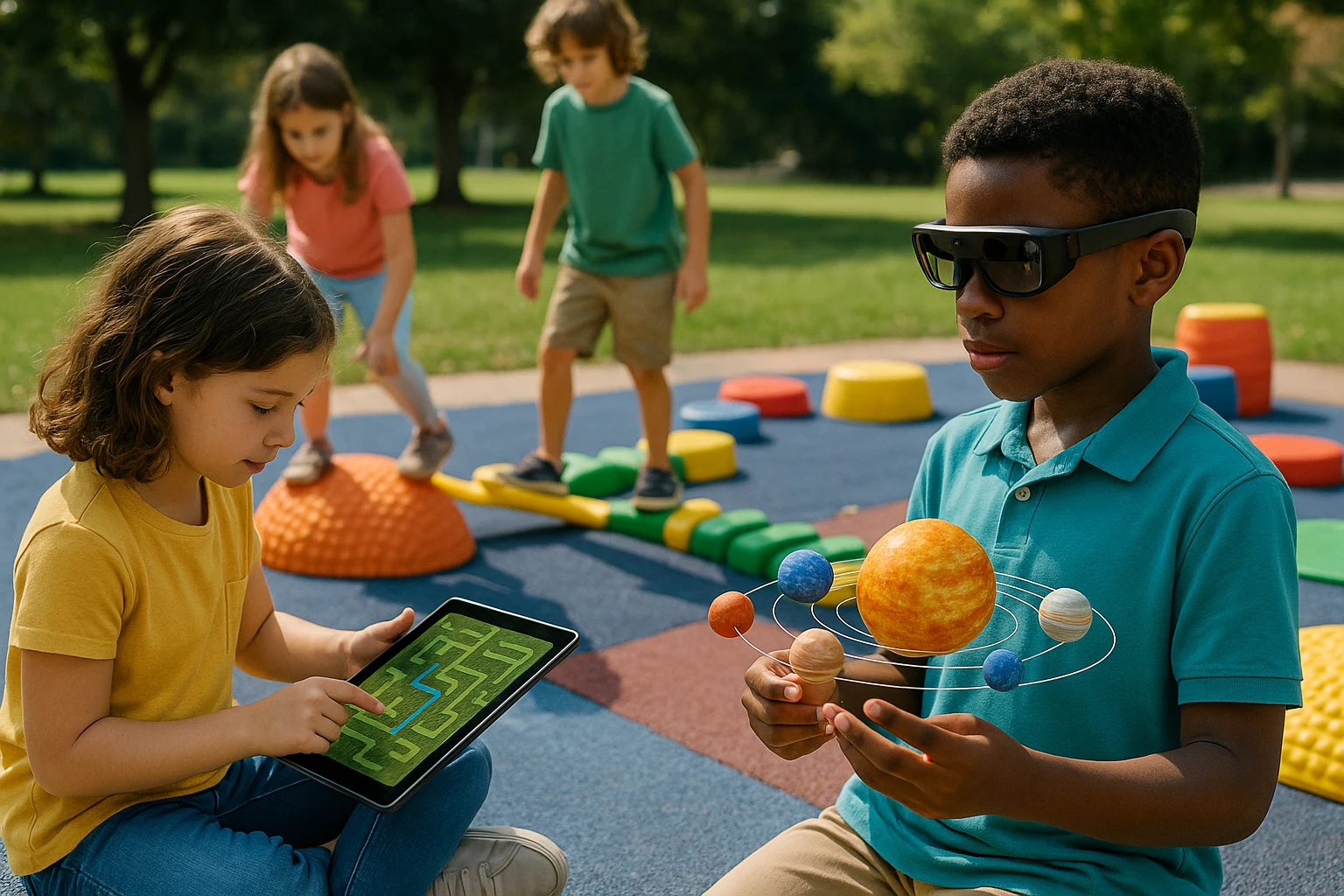 A vibrant outdoor scene featuring children engaging with various hands-on activities powered by Fini AI tools—one child uses a tablet to plot a path in a garden maze, while another examines a 3D model of a solar system with augmented reality glasses, surrounded by colorful sensory-friendly play equipment.