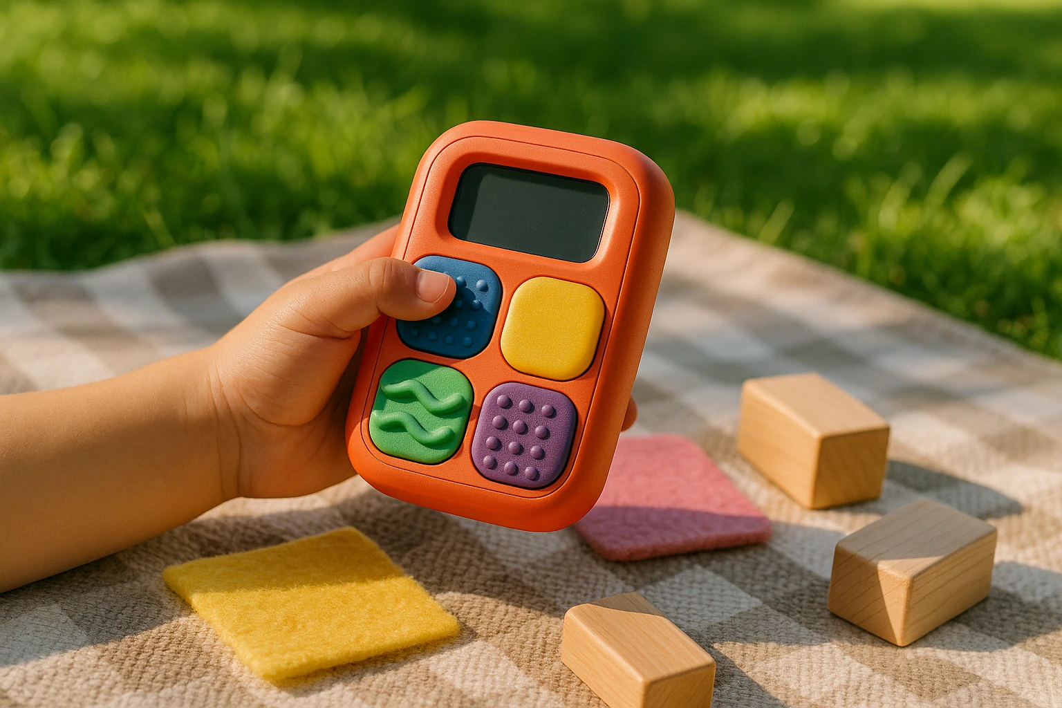 A close-up of a child’s hand holding a colorful, tactile Fini Learning Coach device with textured buttons and a small screen, surrounded by sensory-rich materials like soft felt and smooth wooden blocks, set on a picnic blanket in a sunny park.
