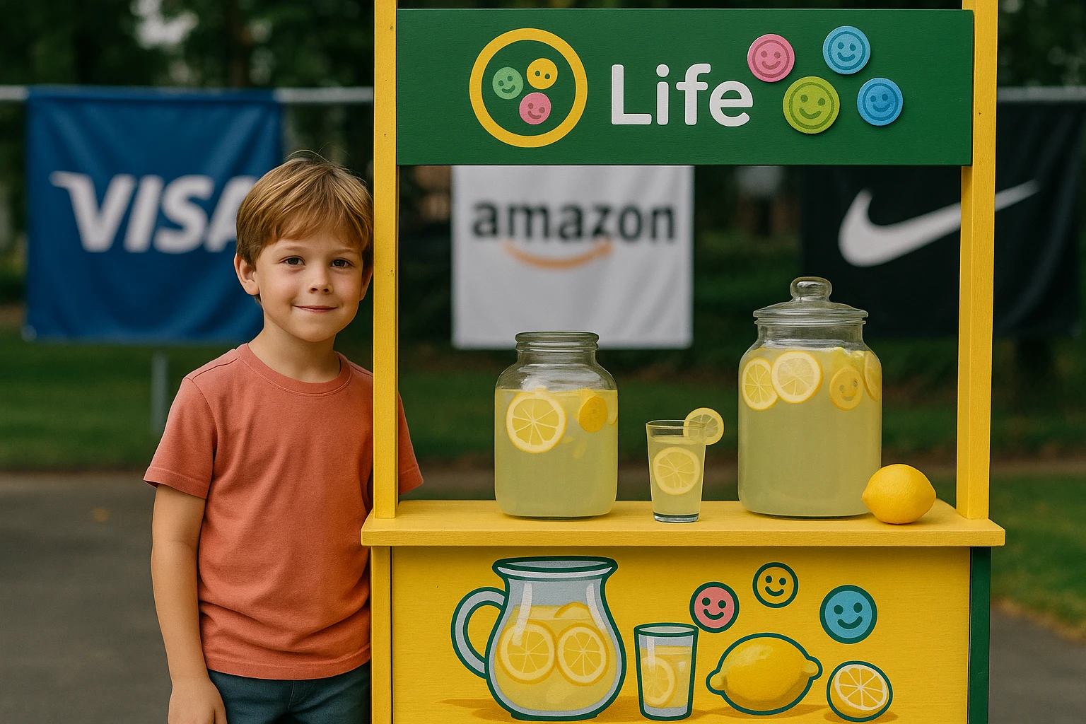 A child is standing beside a vibrant lemonade stand labeled with the Life Hub logo, featuring playful graphics of tokens. In the background, there are banners for Visa and top retailers like Amazon and Nike, creating a lively connection between earning and spending in a real-world entrepreneurial setting.