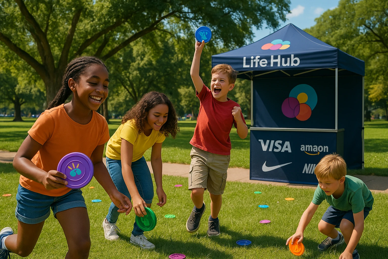 A vibrant outdoor scene shows a group of children enthusiastically engaging in a 