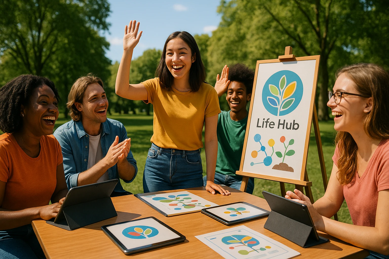 A vibrant outdoor scene with a diverse group of young people enthusiastically participating in a group workshop, surrounded by tablets and project boards featuring the Life Hub logo, set against a backdrop of lush, green parkland.