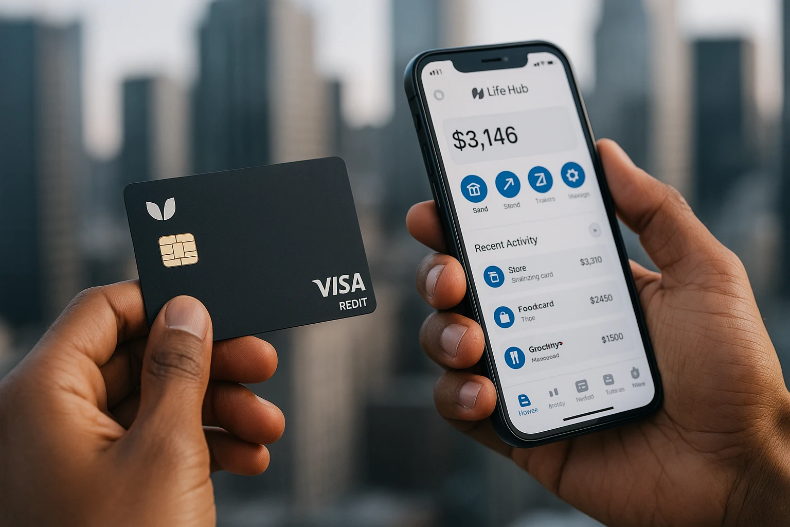 A close-up of hands holding a co-branded Life Hub Visa Rewards Debit Card and a smartphone displaying the Life Hub app interface, with a cityscape in the background, symbolizing financial empowerment and digital connectivity.