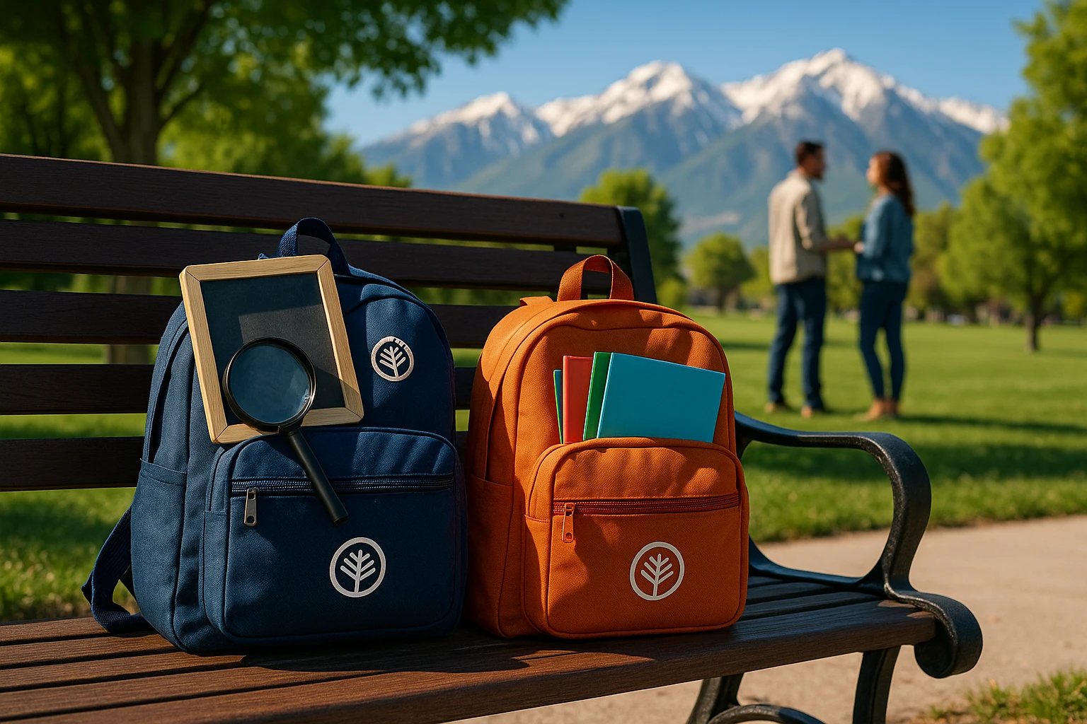 A pair of children’s backpacks with the Life Hub® logo are resting against a park bench, filled with educational tools like a magnifying glass, a small chalkboard, and colorful folders. The scene is set in a vibrant Utah park with parents chatting in the background and snow-capped mountains visible at the horizon.