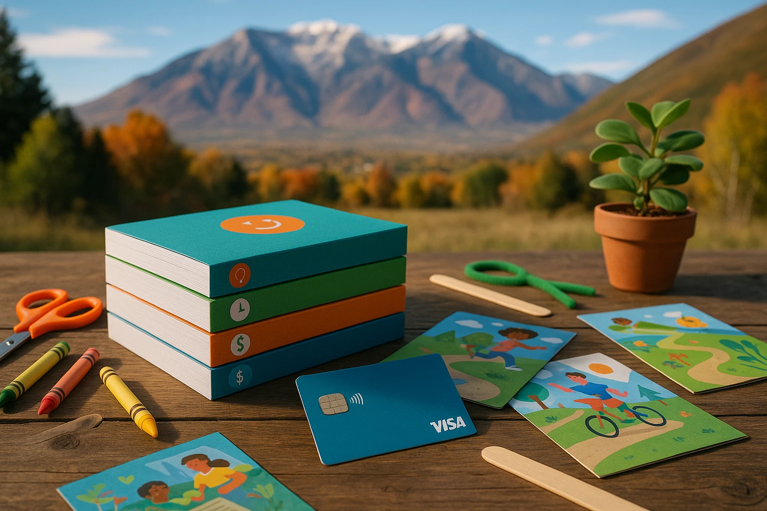 A stack of Life Hub® learning modules and a personal Life Hub® Visa® Debit Card placed on a rustic wooden table, surrounded by children's craft tools, educational brochures, and a small potted plant, set against a vibrant Utah outdoor backdrop with mountains in the distance.