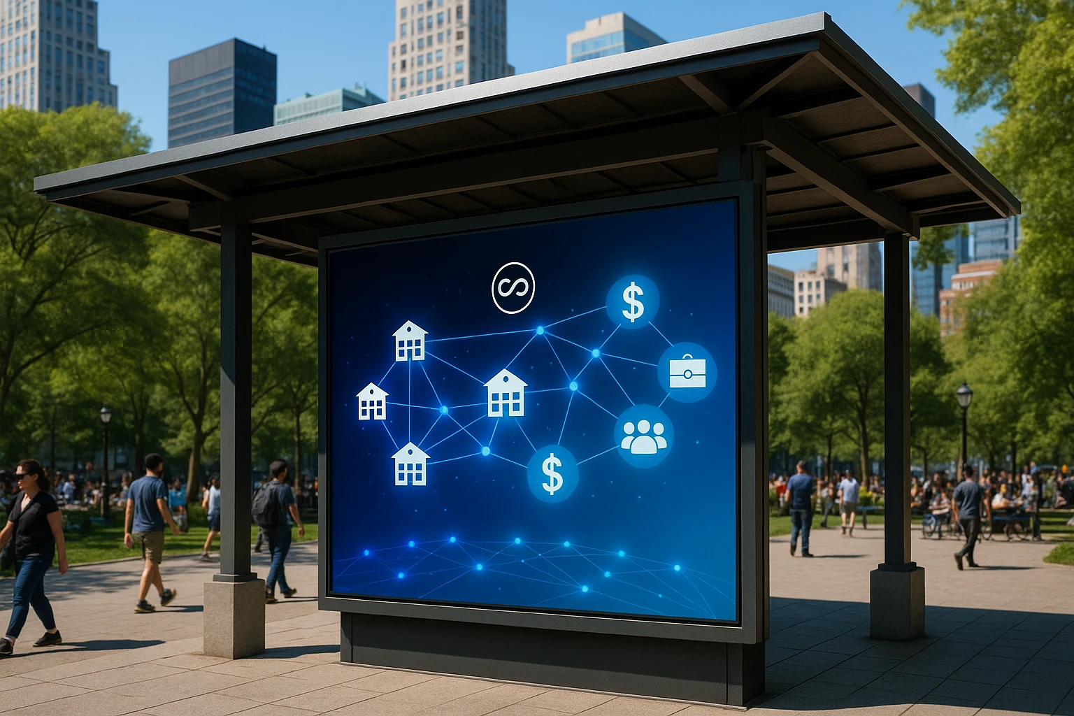 An outdoor pavilion in a bustling urban park features a large interactive signboard with the Life Hub Infiniti AI logo, displaying animated visuals of connecting networks between diverse school campuses and potential funding sources depicted as icons of grants, corporate logos, and community symbols under a clear blue sky.