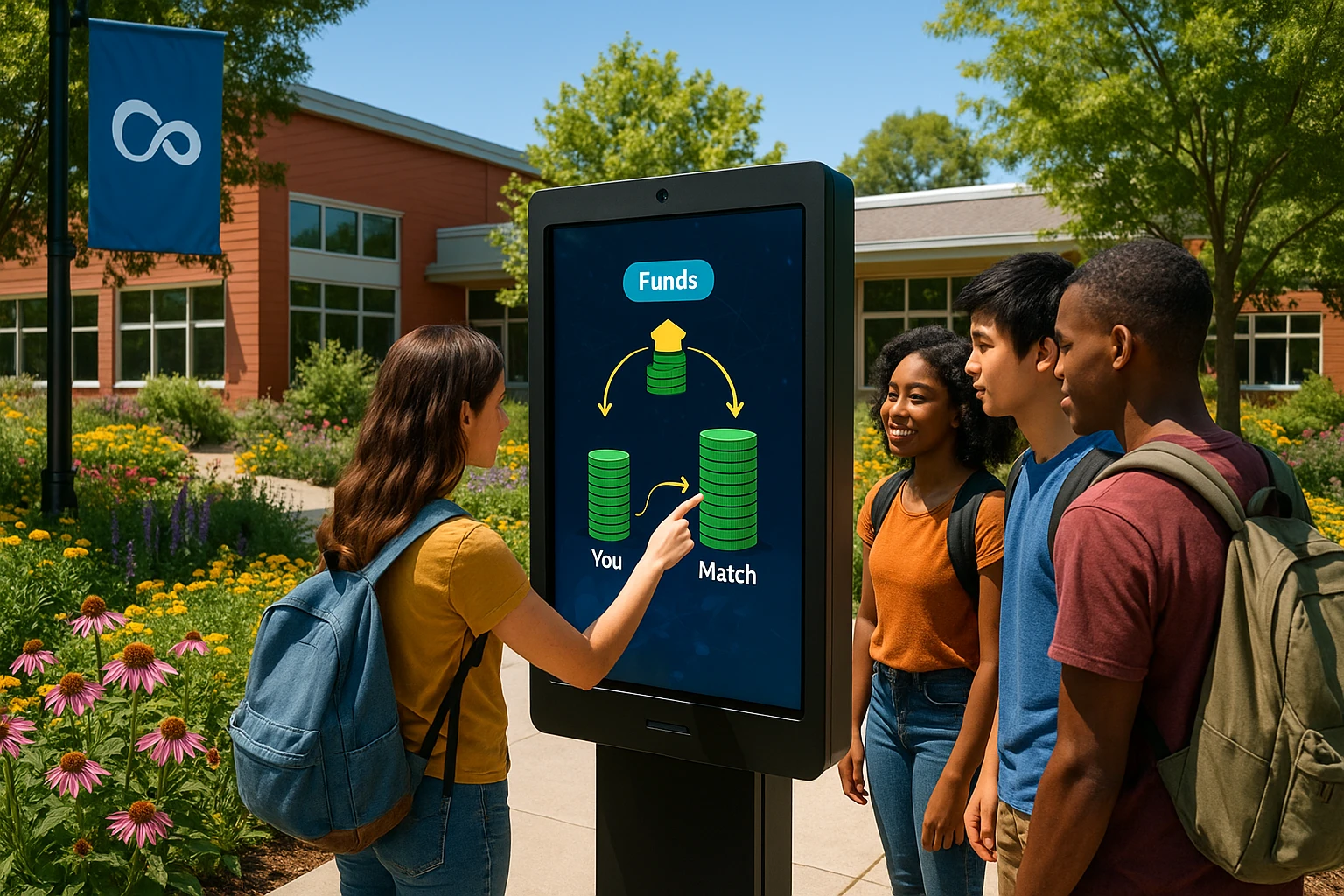A vibrant community center garden, with a banner displaying the Life Hub Infiniti AI logo, showcasing a digital kiosk where students interact with an AI-powered screen that visualizes fund matching on a bright, sunny day.