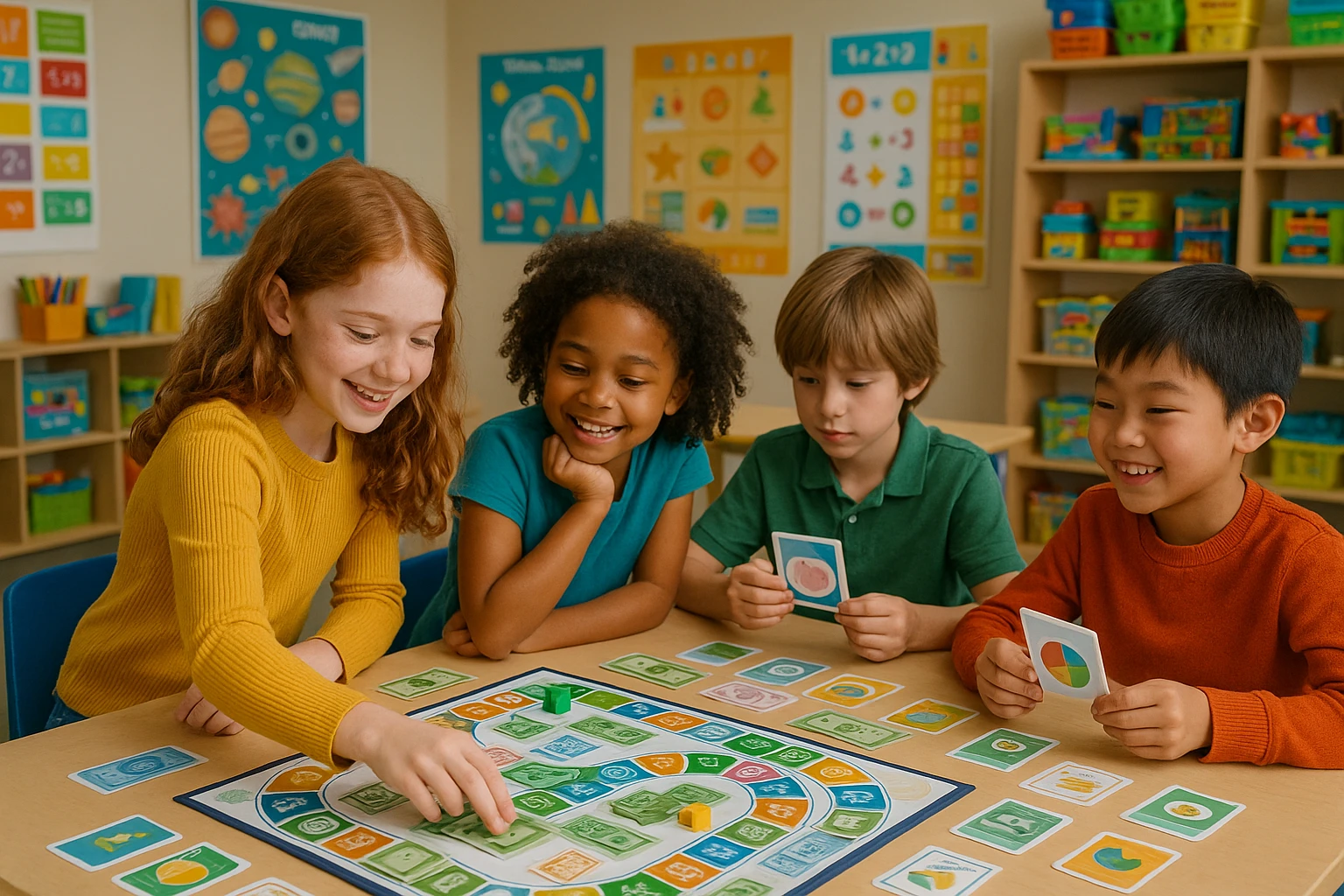 A vibrant classroom scene where a group of children are gathered around a large table, experimenting with financial board games and interactive flashcards from Life Hub®. The room is filled with colorful educational posters and shelves lined with various engaging learning kits.