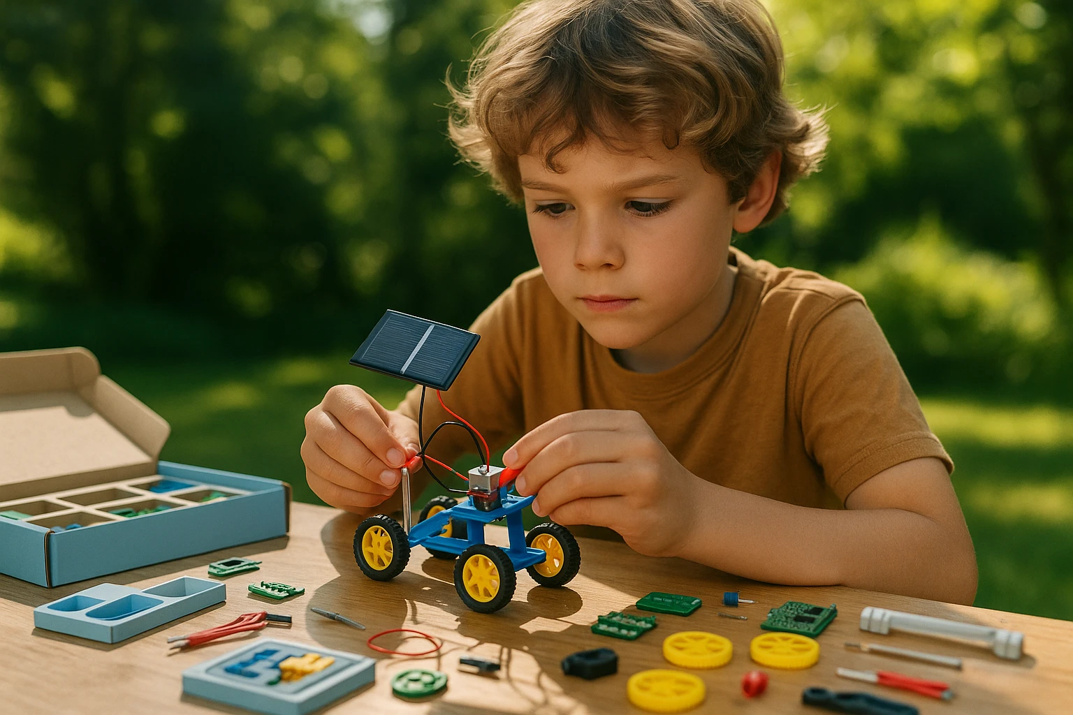 A child is actively engaged in an outdoor workshop, assembling a small solar-powered car using components from a Life Hub® educational kit, surrounded by lush greenery and vibrant sunlight.