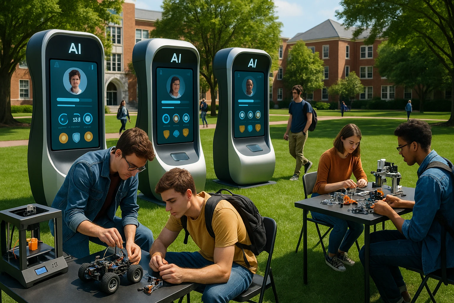 A vibrant outdoor scene at a university campus showcasing various futuristic AI stations, each designed with interactive touchscreens displaying student progress and academic badges, surrounded by students engaged in constructing small-scale STEM projects with 3D printers and robotics kits.
