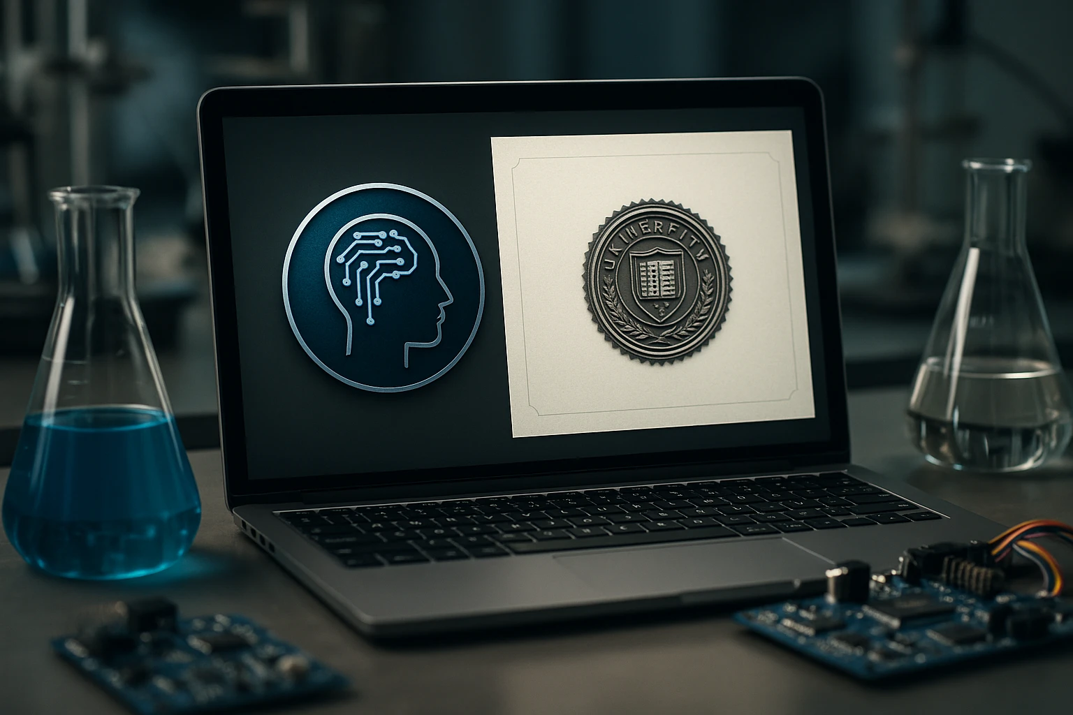 A digital badge and certificate with a university seal are displayed on a laptop amidst STEM equipment like beakers and circuit boards, symbolizing the integration of traditional education with advanced AI-driven credentials.