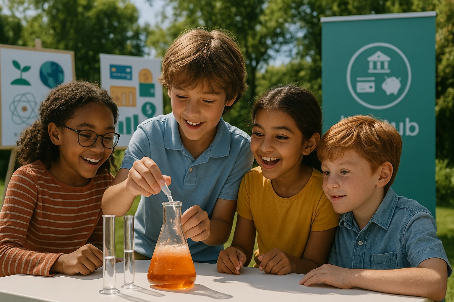 A group of diverse children engaged in a hands-on science experiment in a bright outdoor setting, surrounded by educational posters and a Life Hub® banner showcasing financial literacy tools.