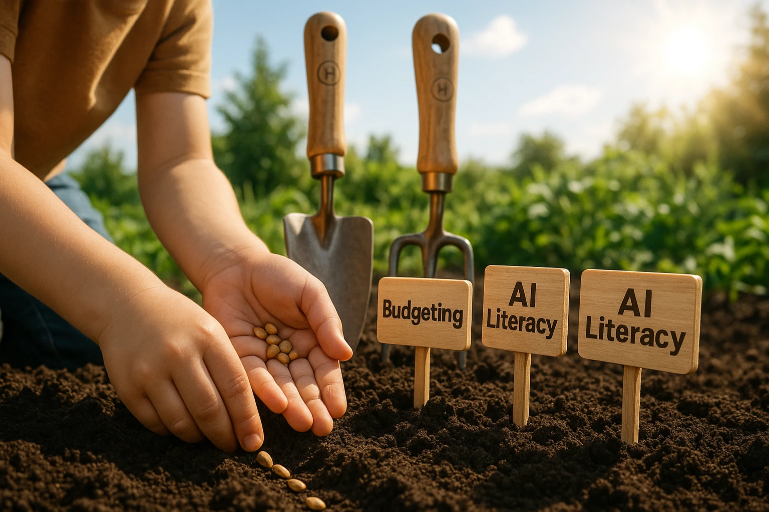 A close-up of a child’s hands planting seeds in a garden, surrounded by small educational wooden signs labeled with life skill categories like 