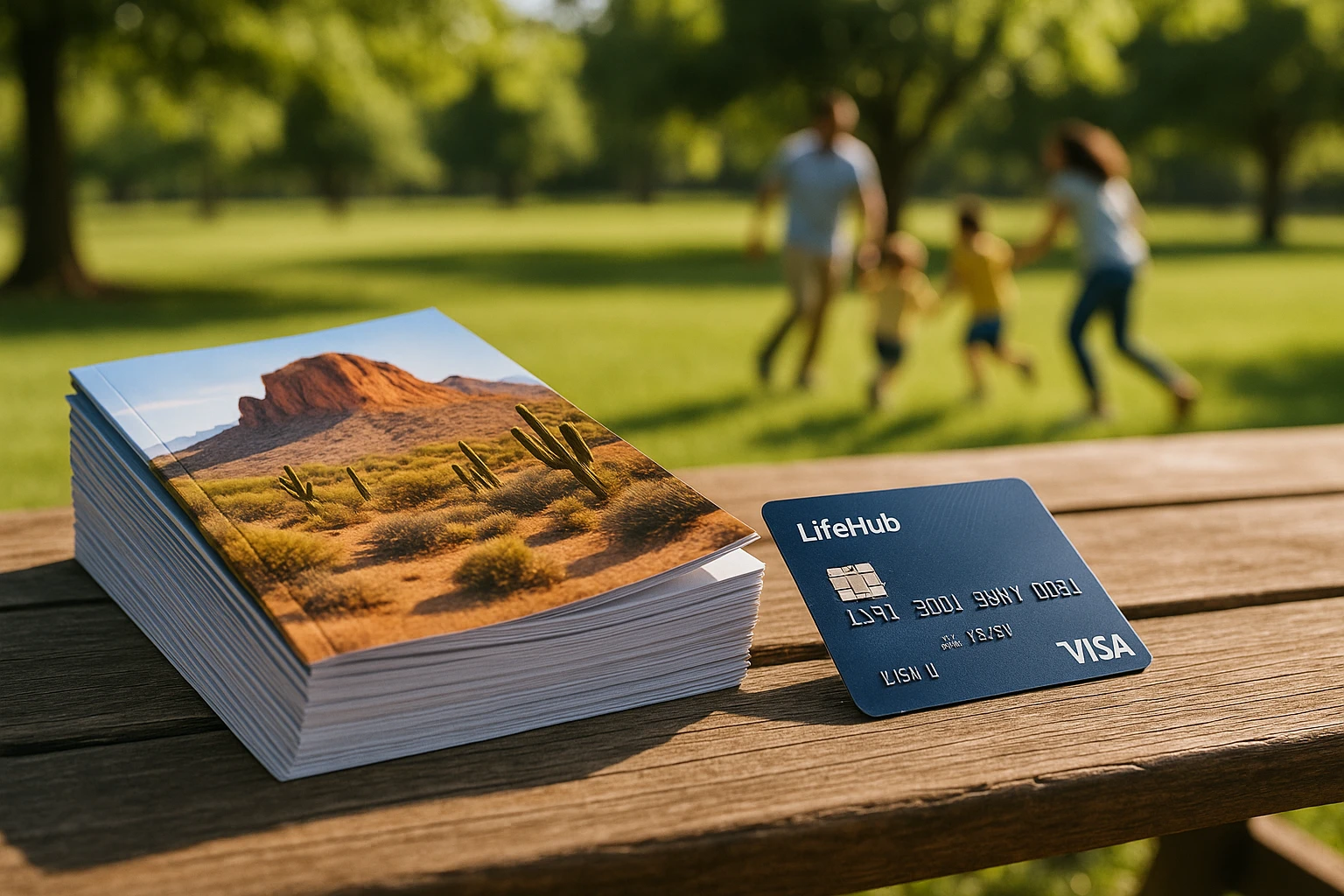 A stack of Arizona ESA brochures next to a Life Hub® Visa® debit card, set on a picnic table in a sunny park, with a family playing in the background.
