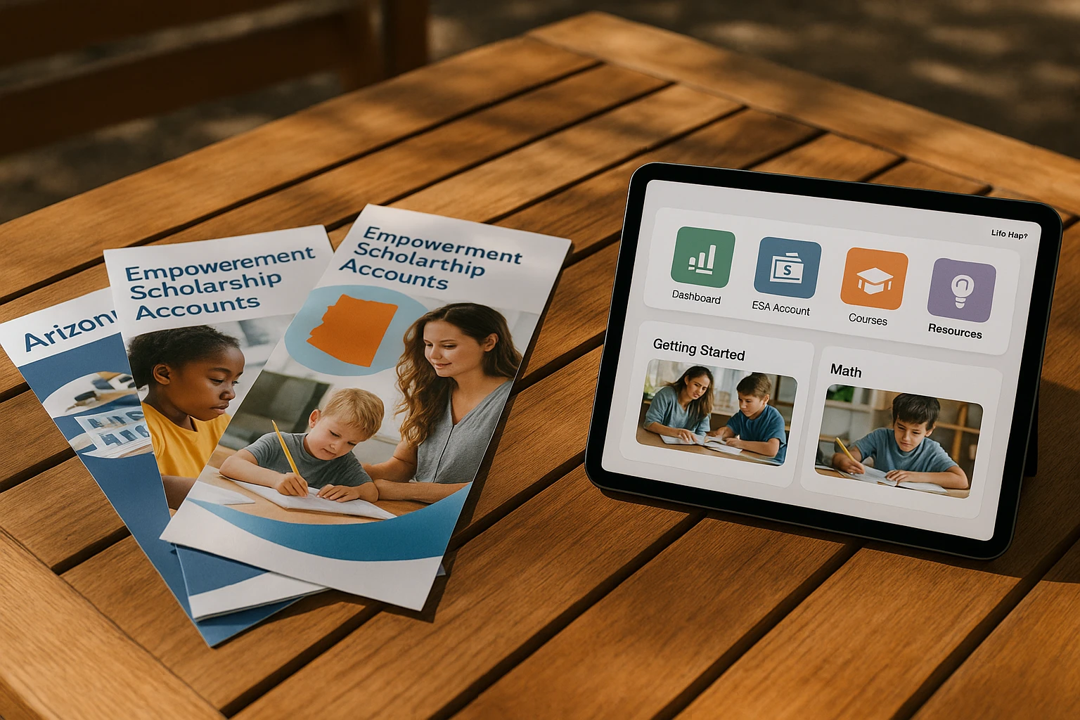 A modern educational toolkit with brochures explaining Arizona's Empowerment Scholarship Account (ESA) laid out next to a tablet displaying the Life Hub® platform interface, set outdoors on a wooden table with sunlight streaming.