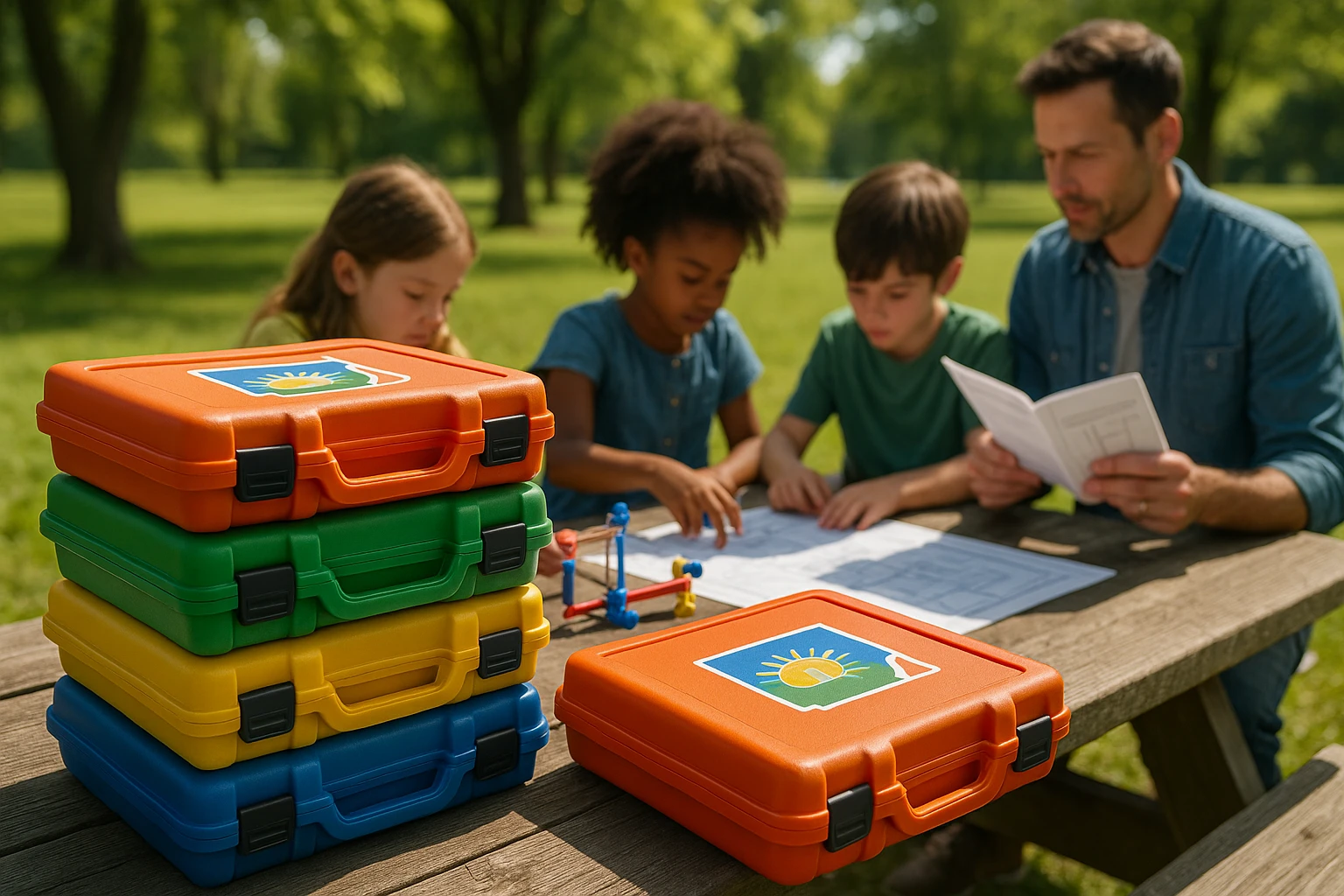 A stack of colorful educational toolkits labeled 