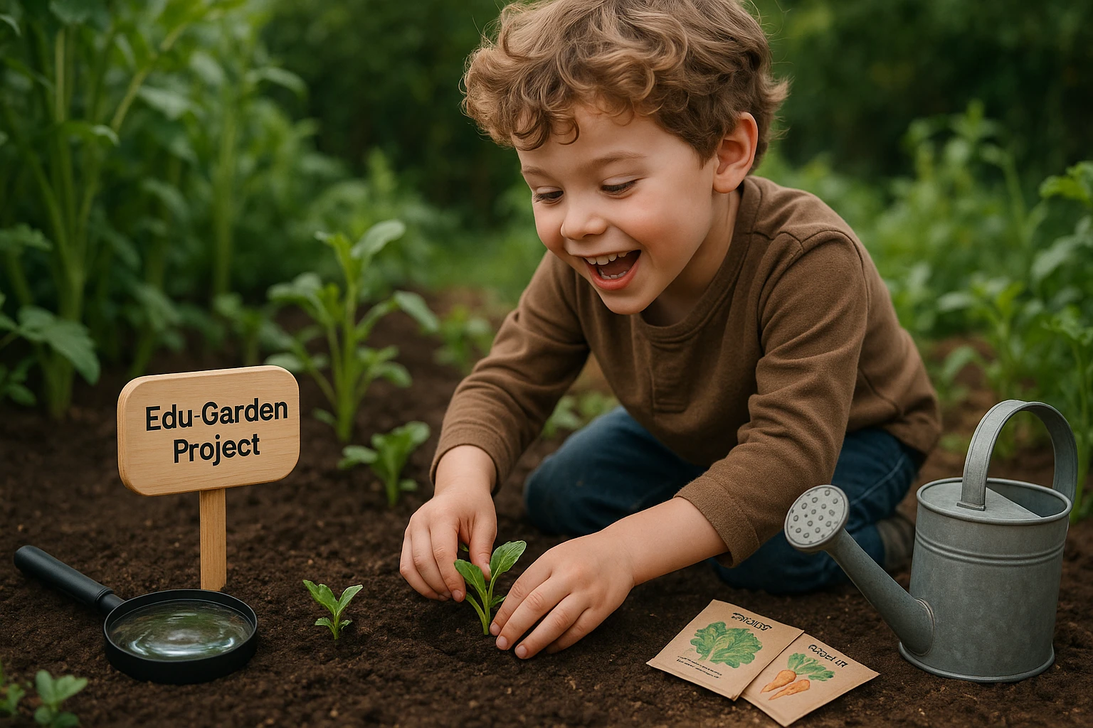 A child in a garden, enthusiastically planting vegetables, with a small sign displaying 
