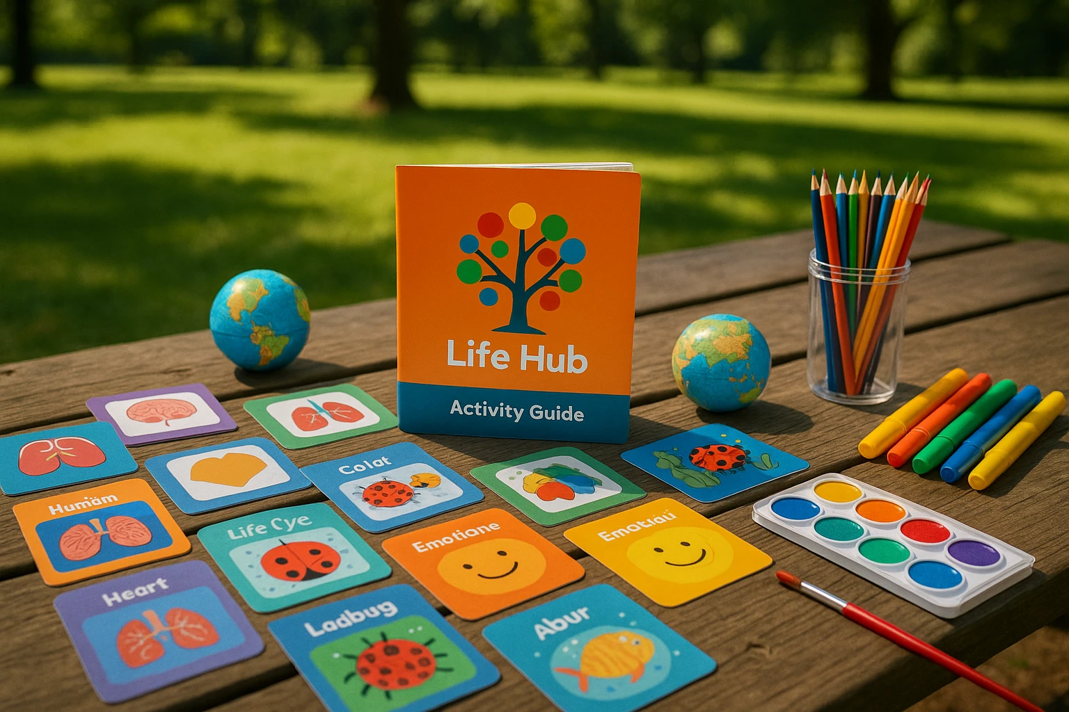 A brightly-colored educational toolkit spread across a picnic table in a sunlit park, featuring Electus Global Education's Life Hub logo prominently displayed on a vibrant activity guide, surrounded by interactive learning cards, art supplies, and miniature globes.