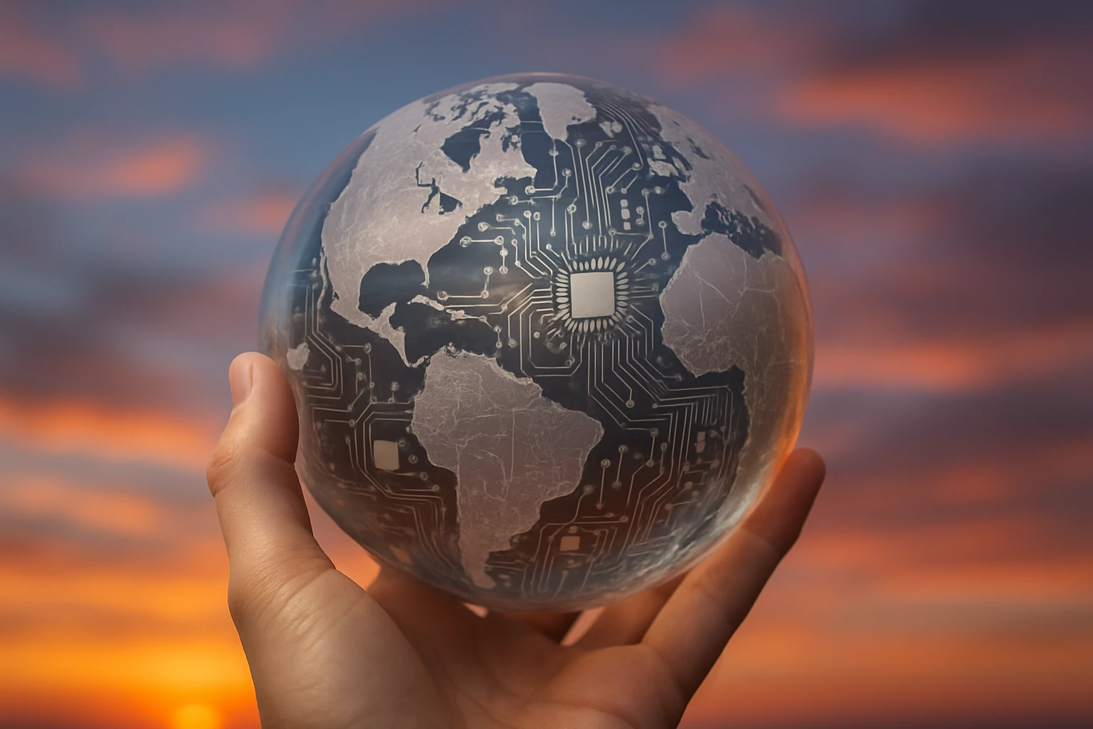 A hand carefully holding a transparent globe embedded with interconnected microchips and circuits, set against a vibrant sunset sky, symbolizing the global impact and responsibility of ethical AI as advocated by Electus and Life Hub.