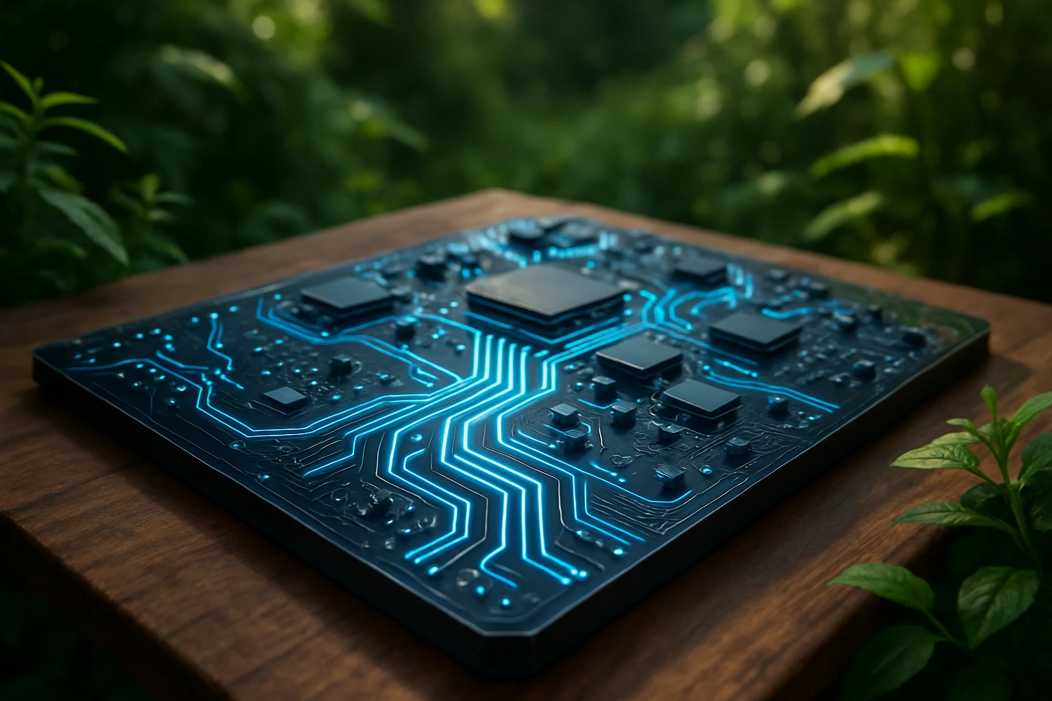 A sleek, futuristic circuit board with glowing blue pathways, resting on a wooden table surrounded by natural greenery, symbolizing the harmony between technology and nature as promoted by Electus and Life Hub.