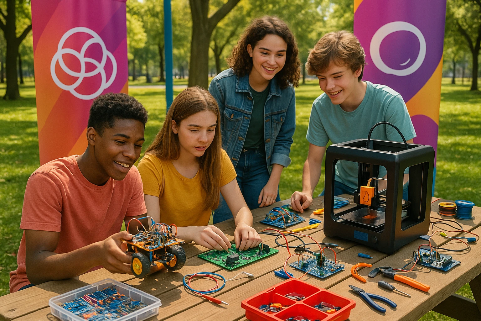 A vibrant outdoor scene in a park where a group of teenagers is engaged in a hands-on robotics workshop, surrounded by colorful banners of Life Hub Infiniti AI, with various tools and gadgets like circuit kits and 3D printers scattered on picnic tables.