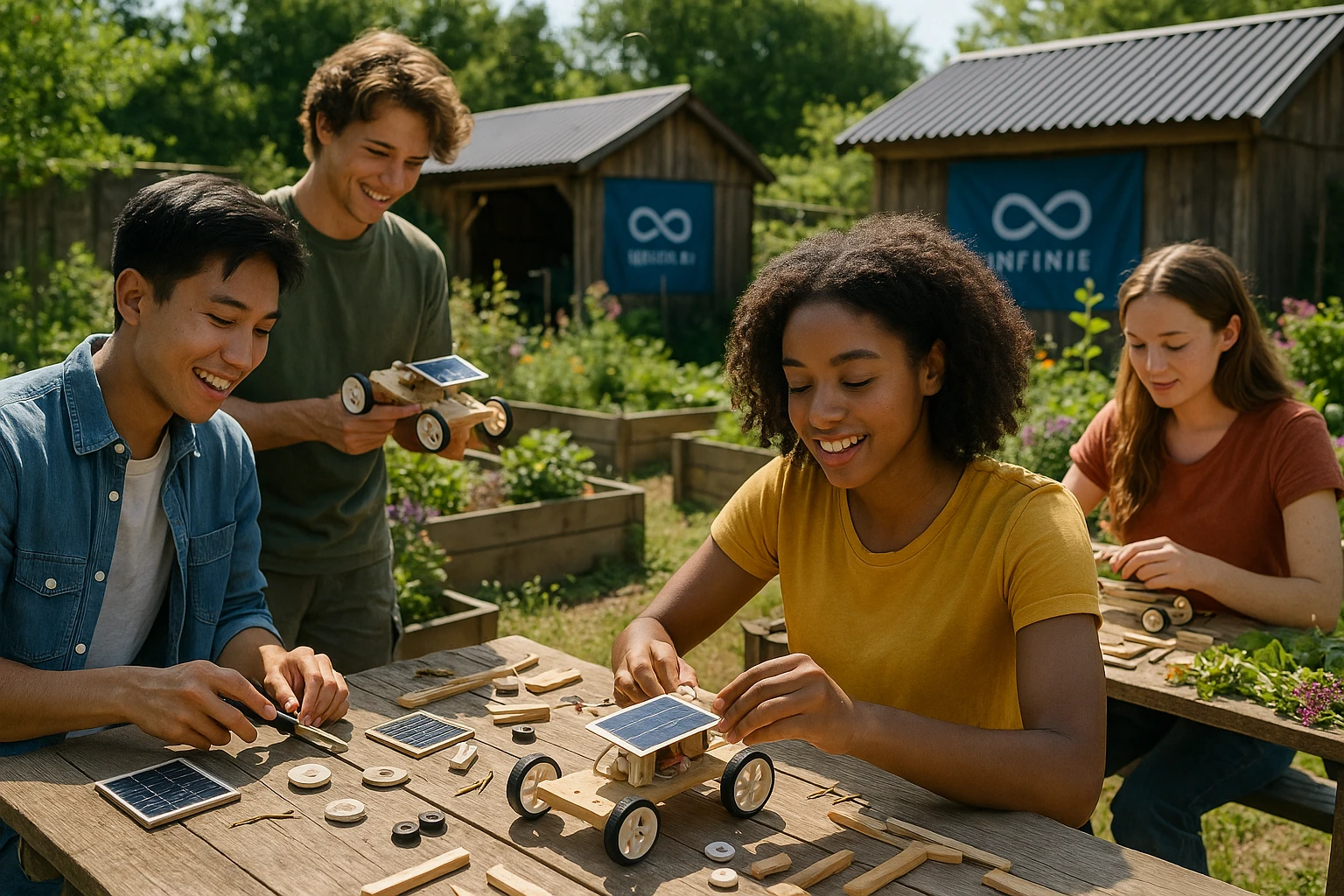 An energetic workshop scene in a community garden, where young people are assembling solar-powered toy cars using sustainable materials, with 