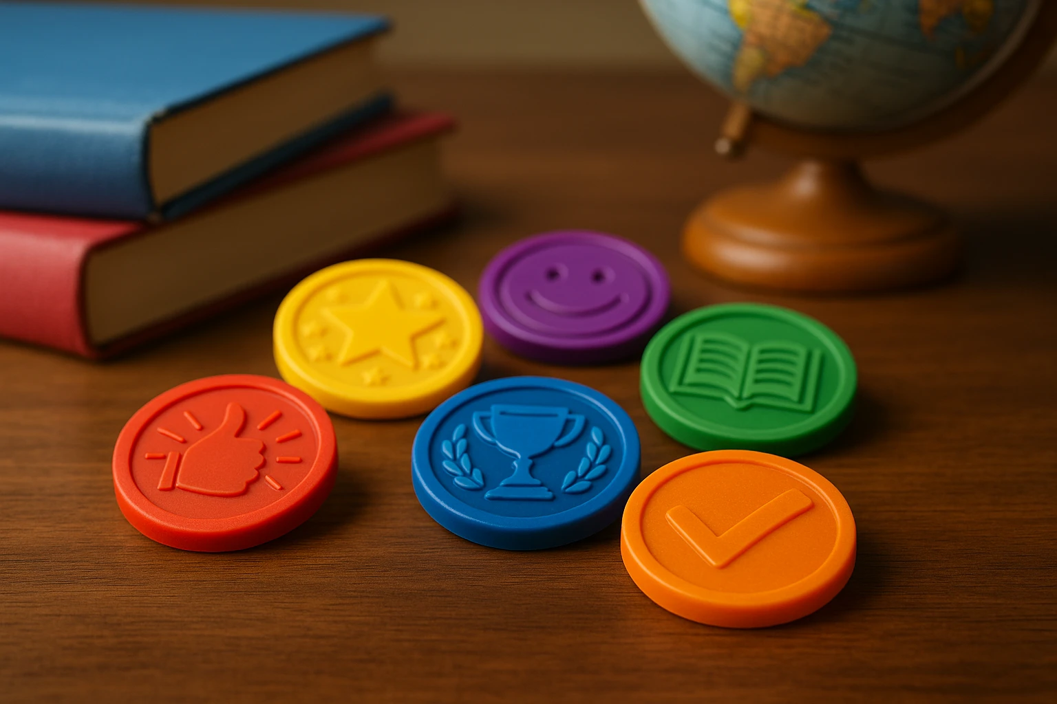 A collection of vibrant, customized reward tokens displayed on a wooden table, each labeled with different achievements such as 