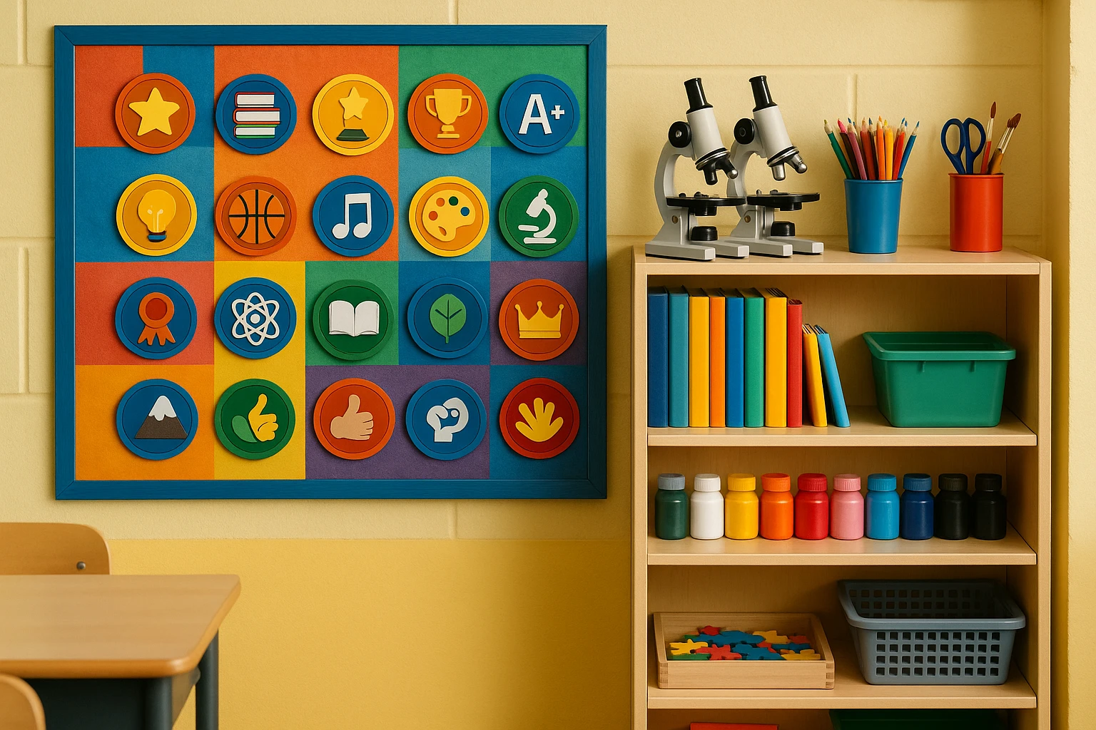 A vibrant classroom setting with a colorful bulletin board displaying various tokens, each representing different achievements, next to a shelf filled with educational tools like microscopes and art supplies, symbolizing the fusion of tokenization and learning.